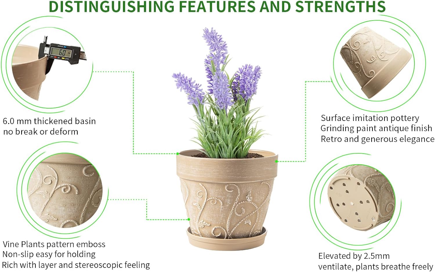Melphoe Plant Pots Indoor with Drainage & Saucer, 2Pack 7 inch Flower Pots Outdoor Planters for Indoor Plants Garden Home Decor Cactus Succulent, Rigid Plastic (Imitation-Terracotta) Vine-Embossed image 5