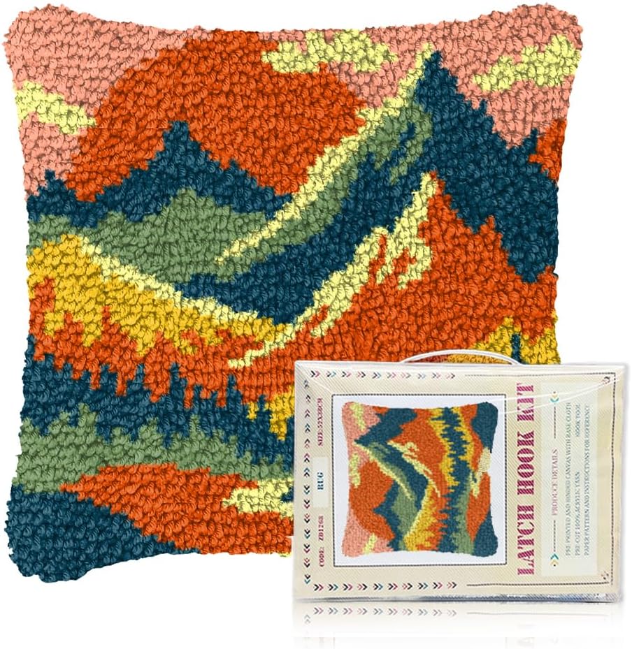 FREEBLOSS Sunset Latch Hook Kits for Adults Beginners DIY Throw Pillow Pre-Printed Hook and Latch Rug Kits Cross-Stitch Cushion Cover for Home Sofa Decoration 17x17in/43x43cm