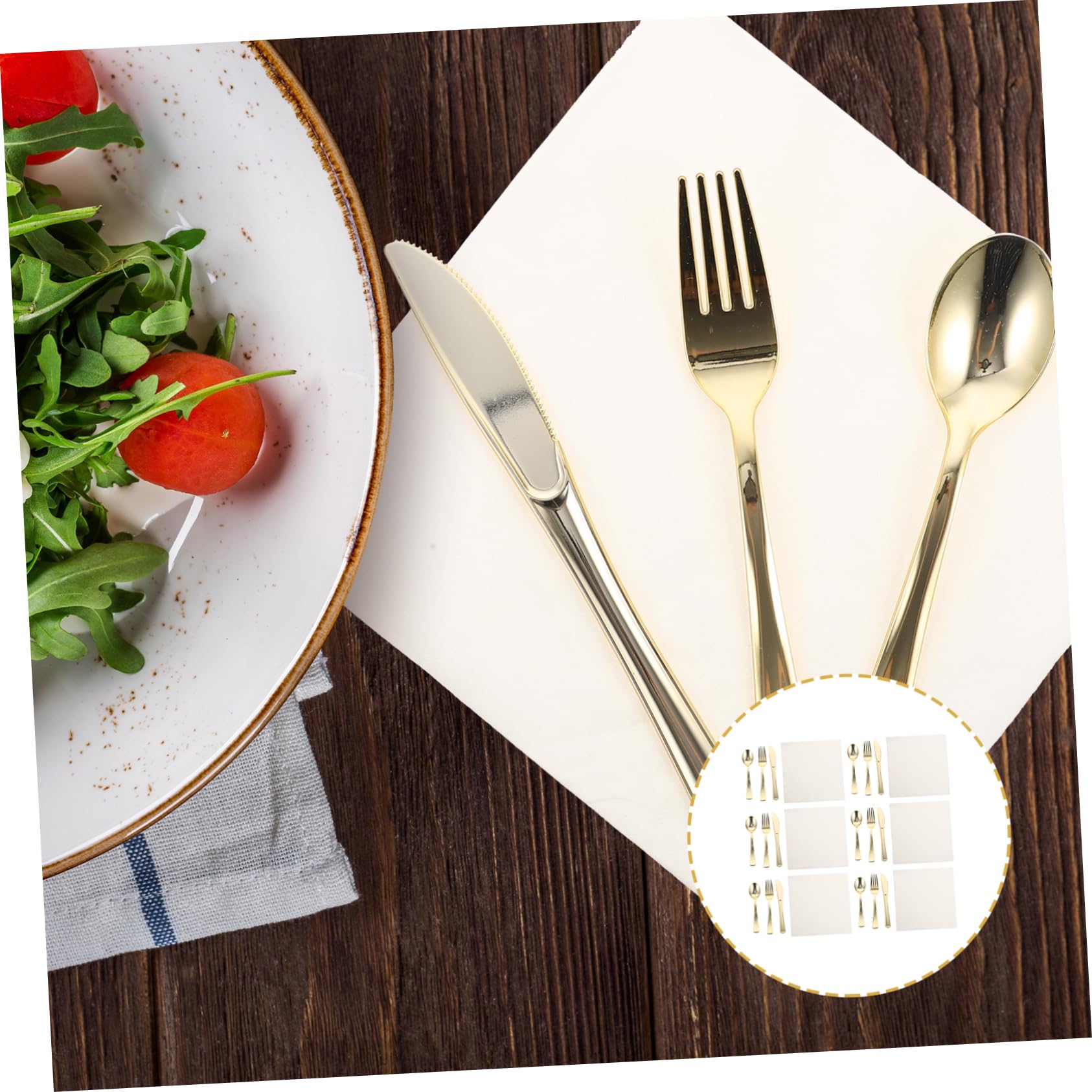 HOLIDYOYO Gold Cutlery Set Napkin Piece Plastic Utensils for Banquets Picnics Celebrations