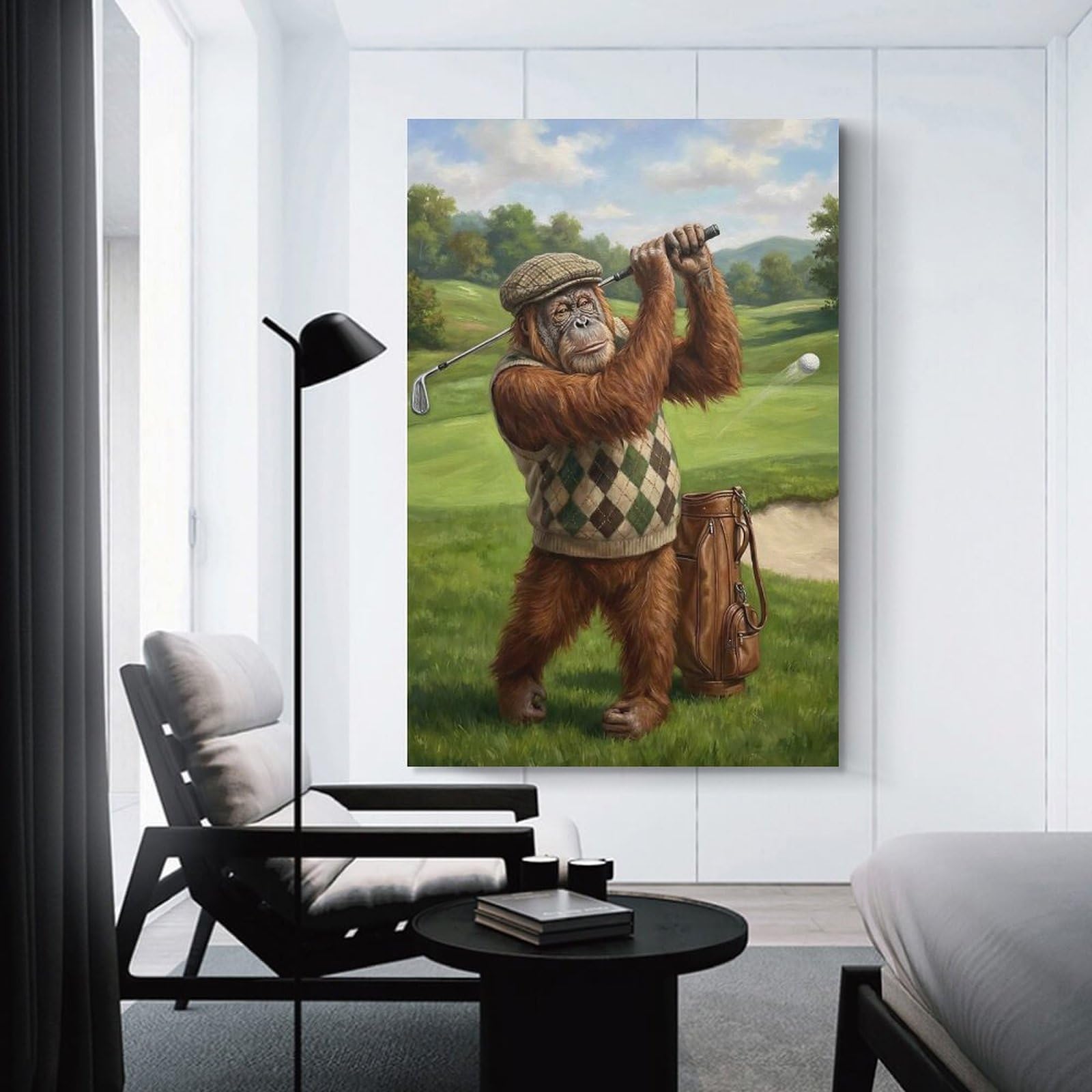 Junmoney Wall Decor Canvas Print Orangutan Playing Golf, 24x36inch(60x90cm), for Study, Office Or Apartment Decor, Canvas Artwork with Gifting Potential