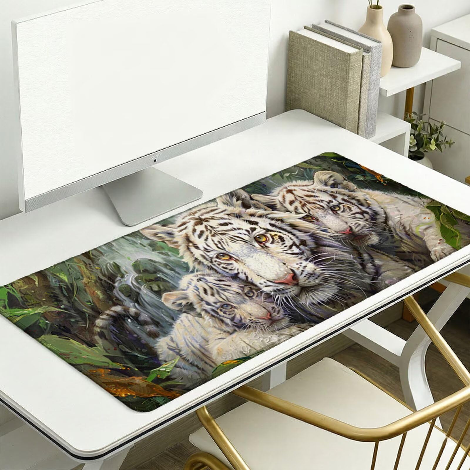 Alfombrilla Ratón XXL 1200 x 600 x 3 mm, Alfombrilla Escritorio, Bosque Grande Protector de Mesa con Base de Goma Antideslizante y Bordes Cosidos, Impermeable, para Oficina, PC, Gaming (Tigre) L-x6798