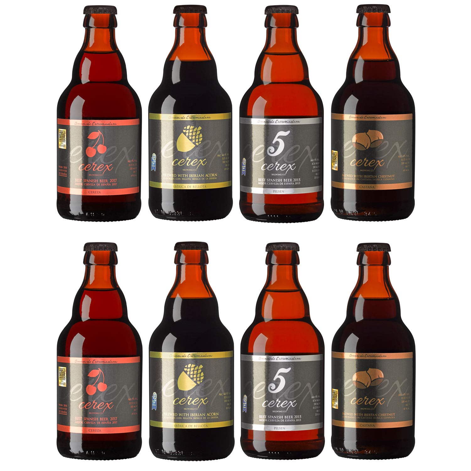CEREX- Pack Degustación de 8 Cervezas Artesanas - Cerveza de Castaña, Ibérica de Bellota, Cereza y Pilsen