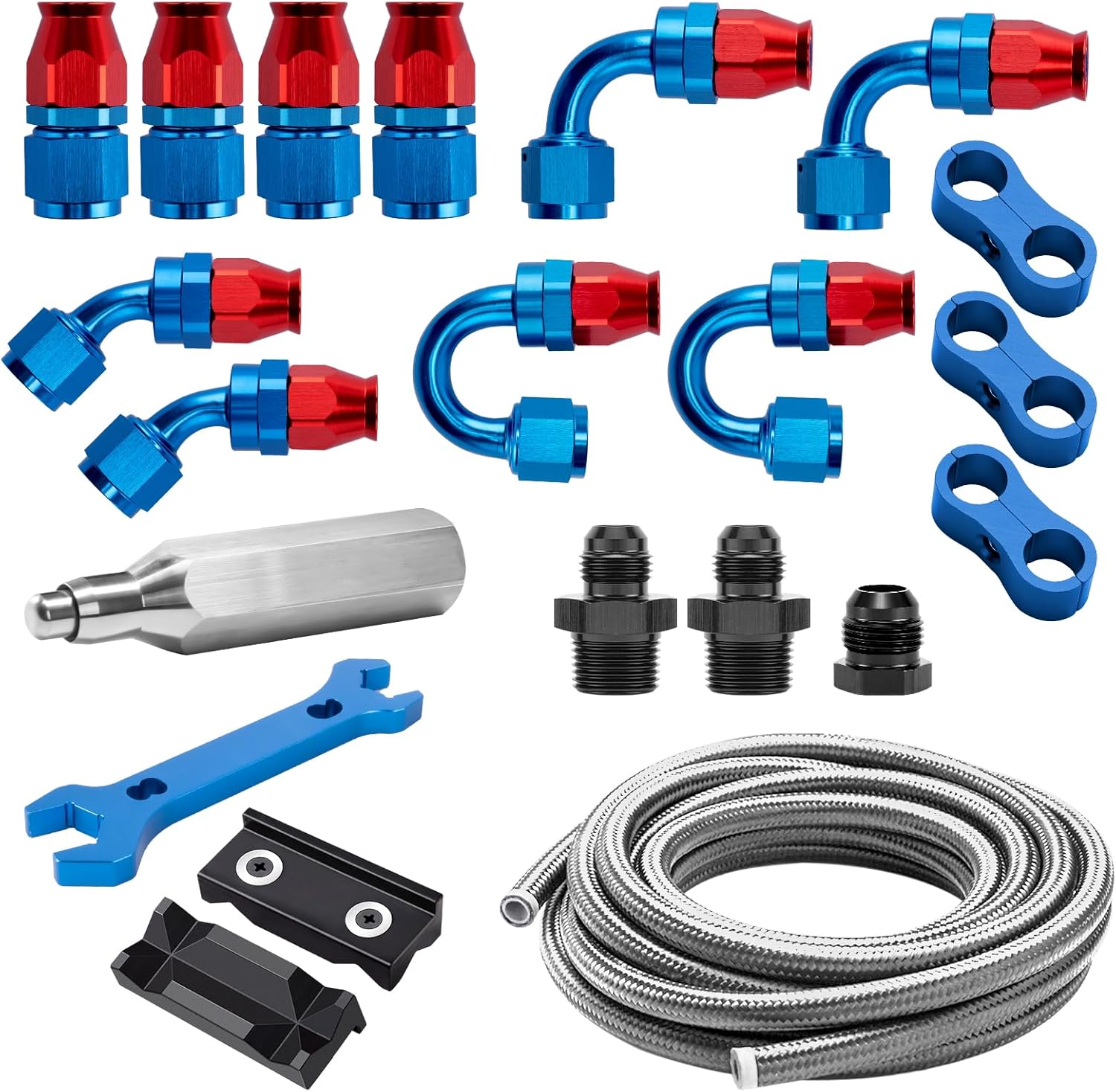 6AN 20FT PTFE Fuel Line Kit AN6 E85 Stainless Steel Braided Fuel Injection Hose with PTFE Hose-end Fitting and Adapters (20FT Silver)