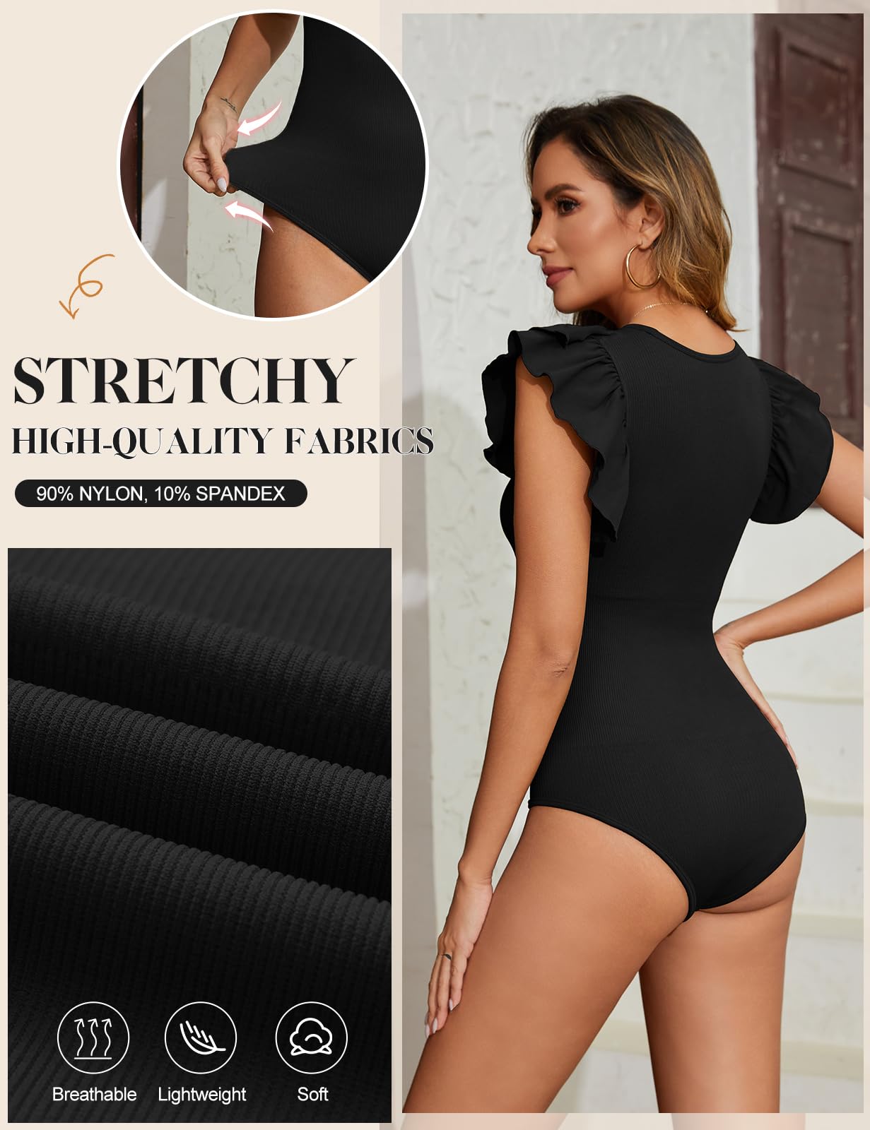 Tuopuda Body Donna Elegante Maniche Volant Contenitivo Modellante Shapewear Bodysuit Girocollo Intimo Snellente Shaper Shaping Tops Dimagrante