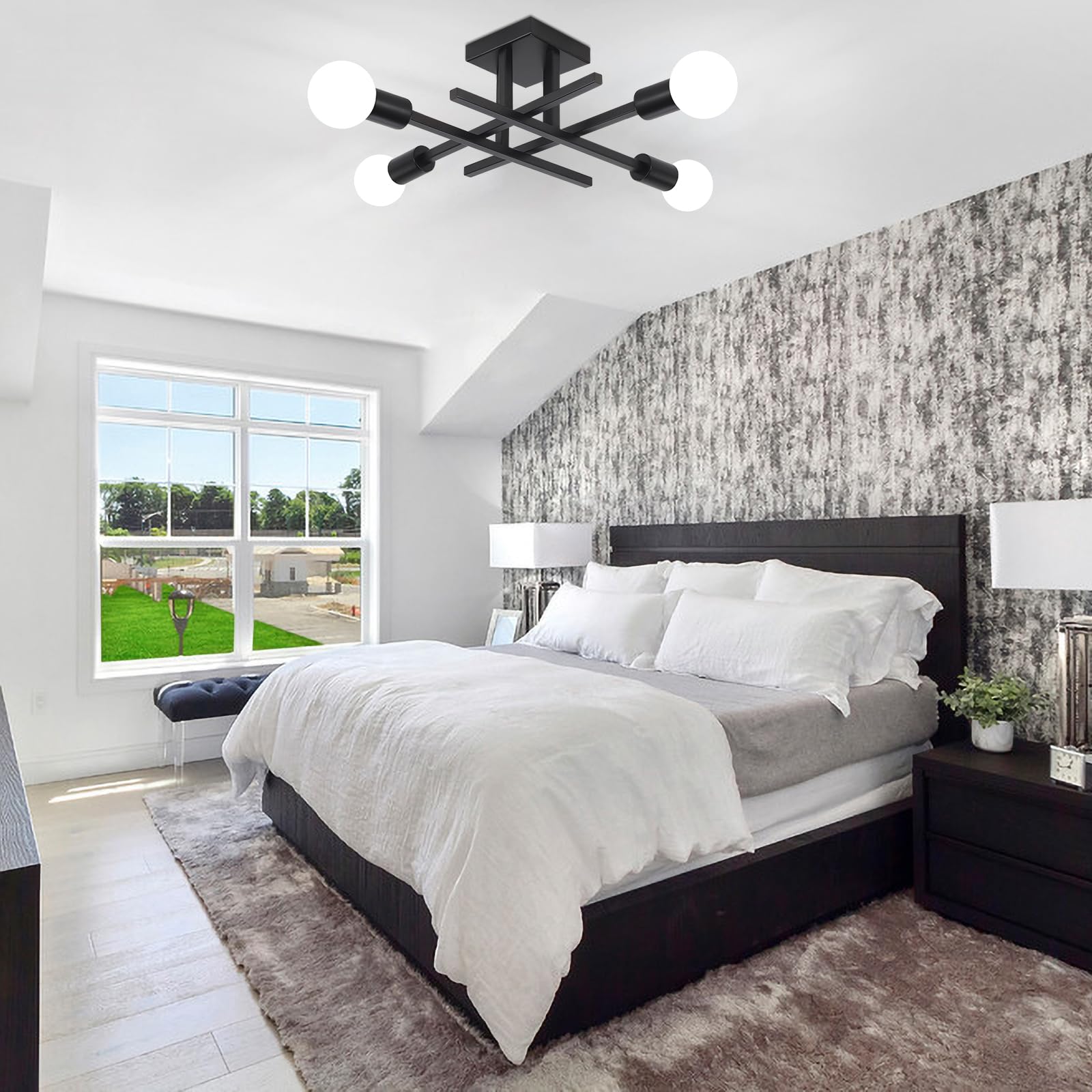 Sputnik Plafoniere da Soffitto Lampadario Industrial Lampada Soffitto E27 | Lampadari Moderni 4 Luci per Soggiorno Camera da Letto Cucina Ccorridoio Sala da Pranzo, Nero