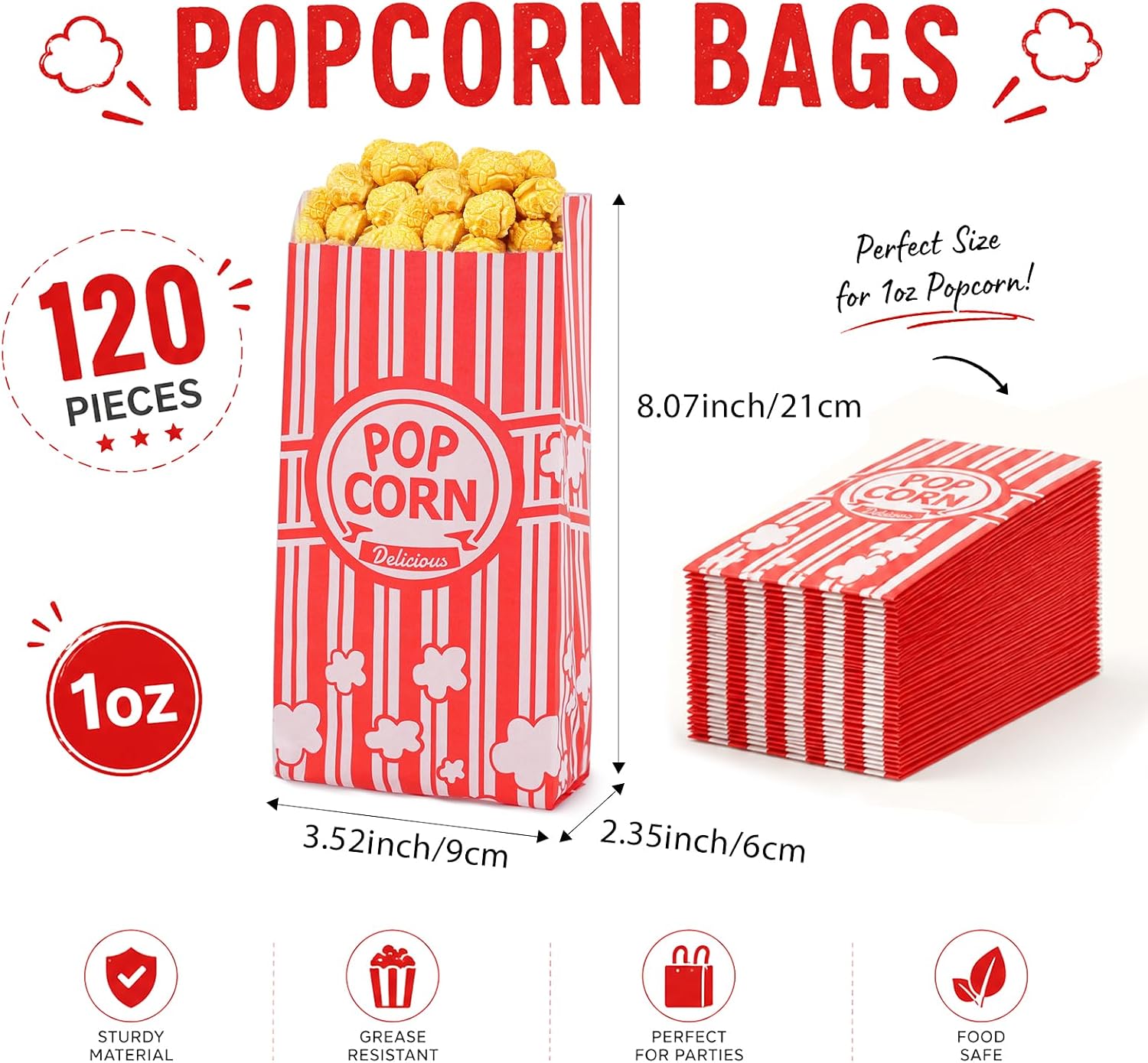 Paper Popcorn Bags,120 Pack 1oz Popcorn Bags Individual Servings, Popcorn Bag Bulk for Popcorn Machine,Movie Nights Pop Corn Bags