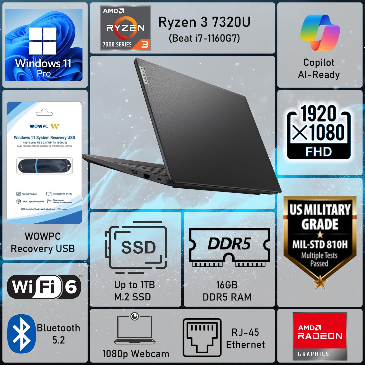 Lenovo V15 Business Laptop 2026 Edition, AMD Ryzen 3 7000-Series(Beat i7-1065G7), 15.6" FHD Display, 16GB DDR5 RAM, 256GB NVMe SSD, Wi-Fi 6, RJ-45, Dolby Audio, Windows 11 Pro, WOWPC USB, no Mouse