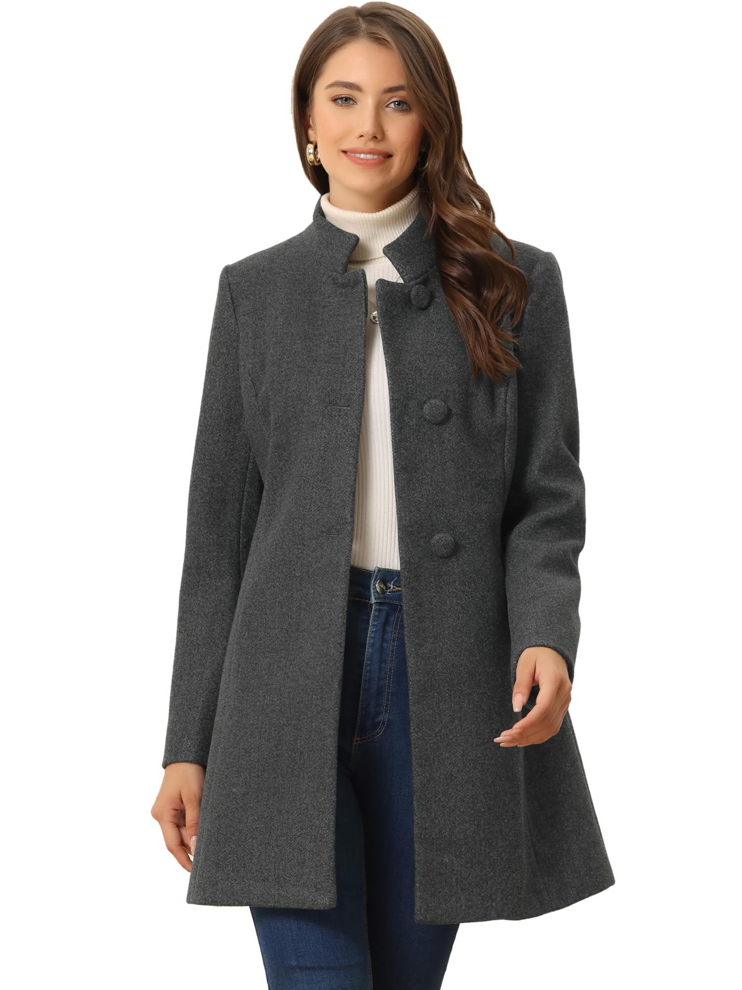 allegra k Women's Winter Overcoat Mid-Long Stand Collar Single Breasted Coat Outerwear, Deep Grey, Large-picture-17