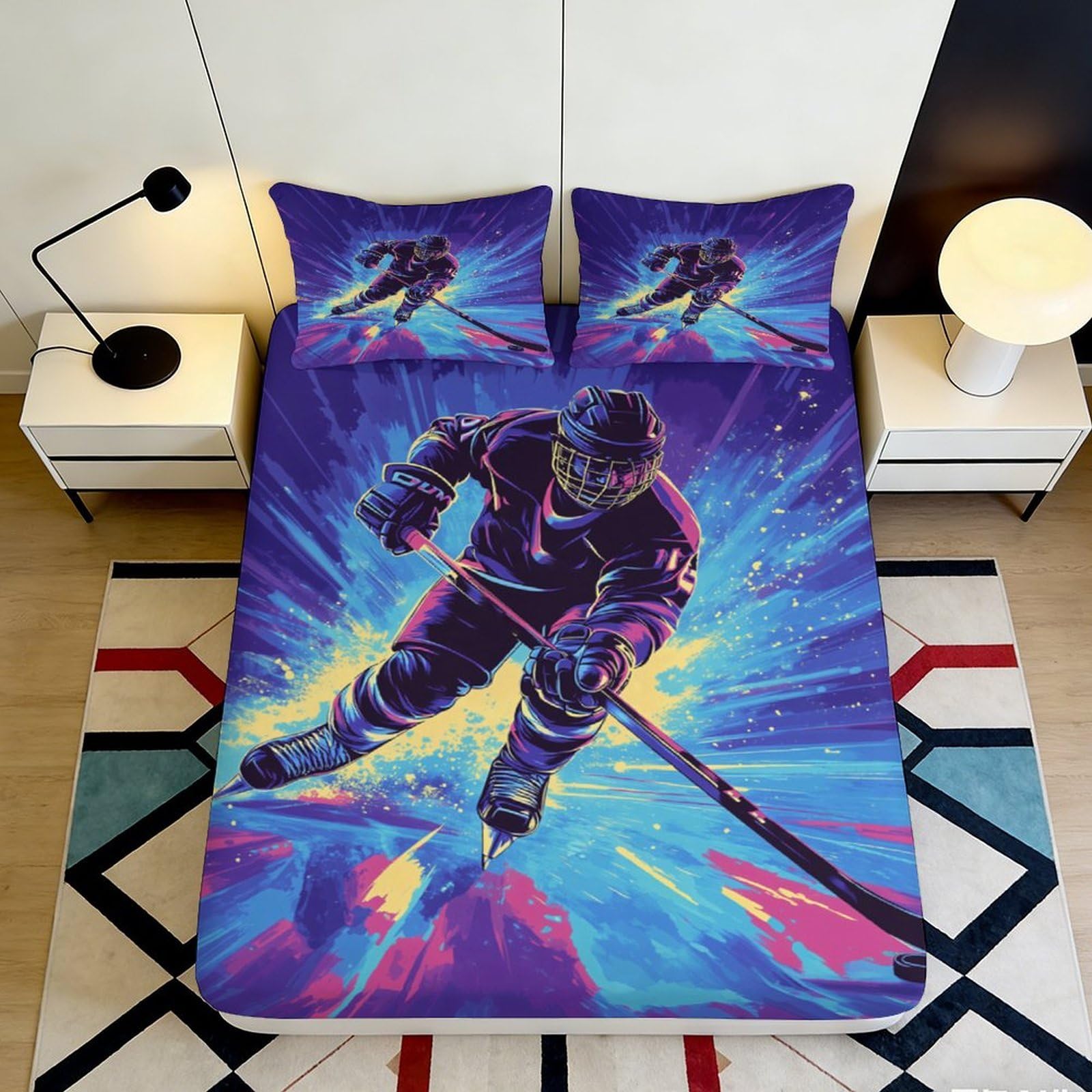 3D Printed Hockey Athlete Fitted Sheet Microfiber Non-Slip Splash Art Mattress Cover for Bedroom Dorm Decor 90x200x25cm
