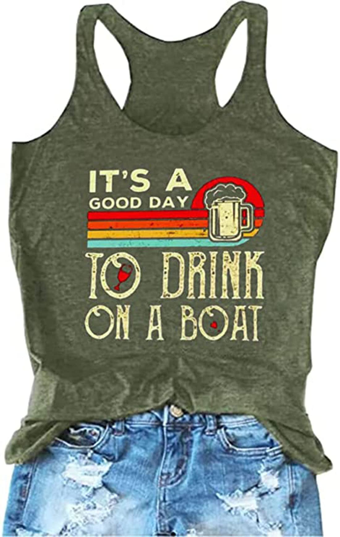 It is A Good Day to Drink On A Boat Tank Tops Women Vintage Boating Tank Tops Sleeveless Summer Vacation Tank Tops