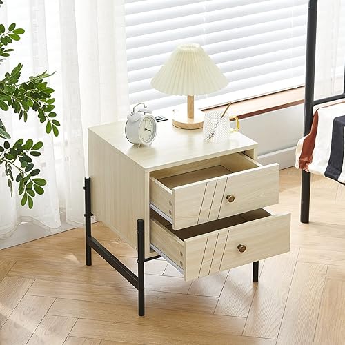 Miniatura 9 de Mesita de noche con estación de carga y 2 puertos USB, 2 cajones y estante de metal, mesa auxiliar para dormitorio, sala de estar, juego de 2