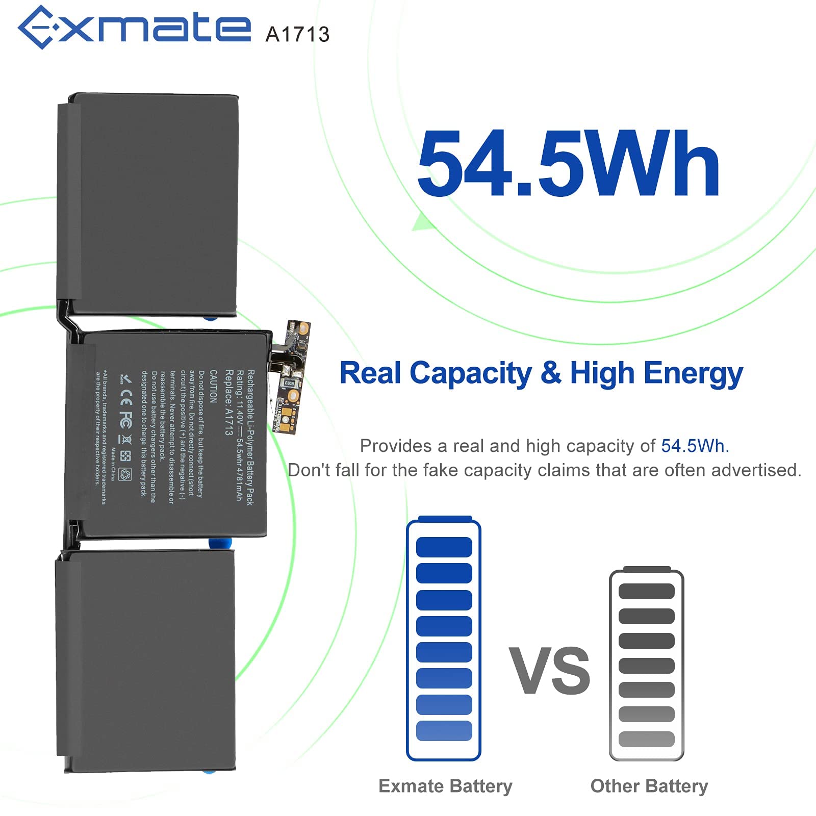 Exmate A1713 A1708 54.5Wh bateria do MacBooka Pro13 Zoll-A1708 (nur für Ende 2016, Mitte 2017) A2159 (2019) A2289 (Mitte 2020) A2338 (M1 Ende 2020 )-[47……81 mAh/54,5 Wh/11,4 V]
