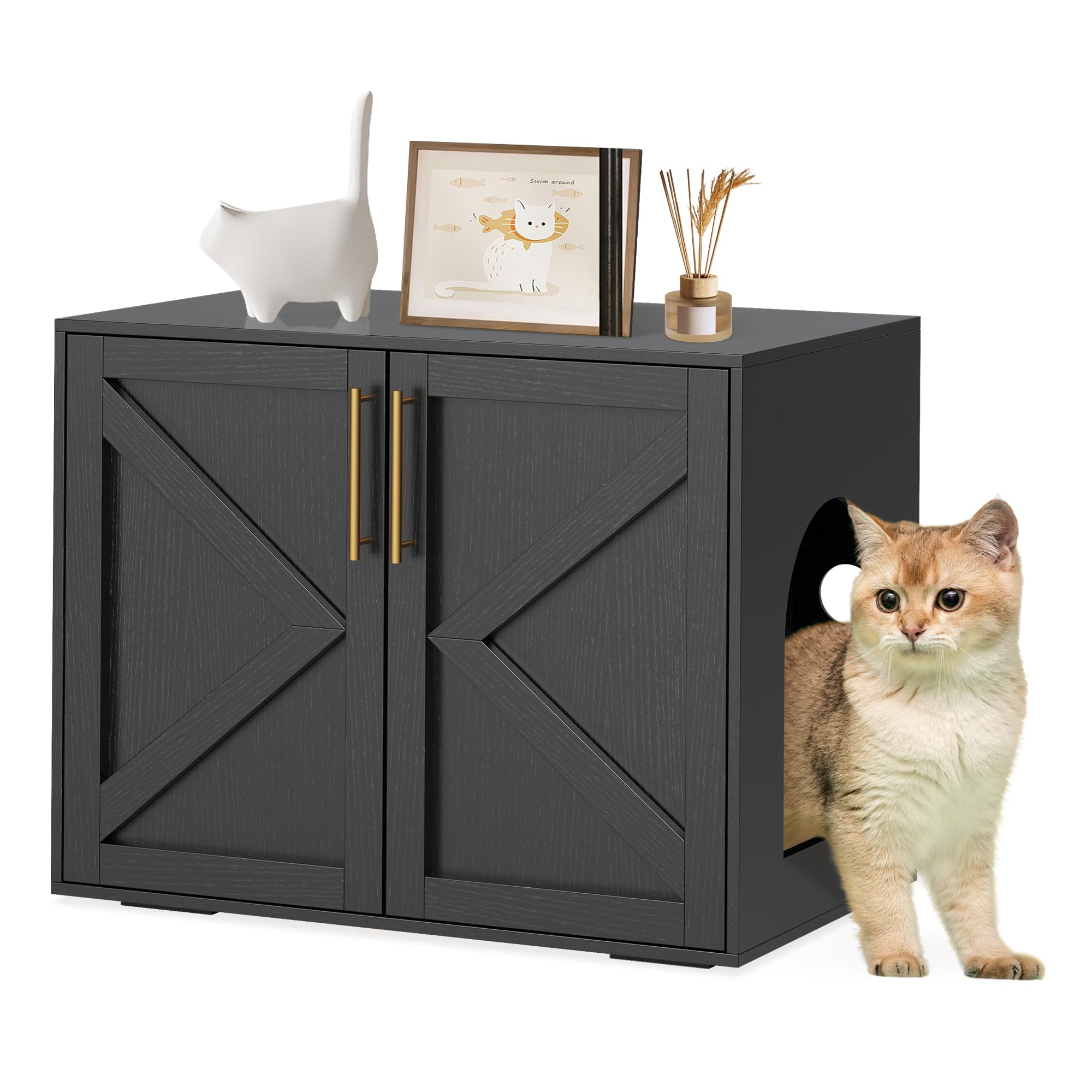 Katzenklo Schrank, Katzenhaus aus Holz mit Scheunentor, Verstecktes Katzenklo, Geräumig & Belüftet Höhlen Möbel für die Meisten Katzentoiletten,65 x 45 x 57 cm,Schwarz
