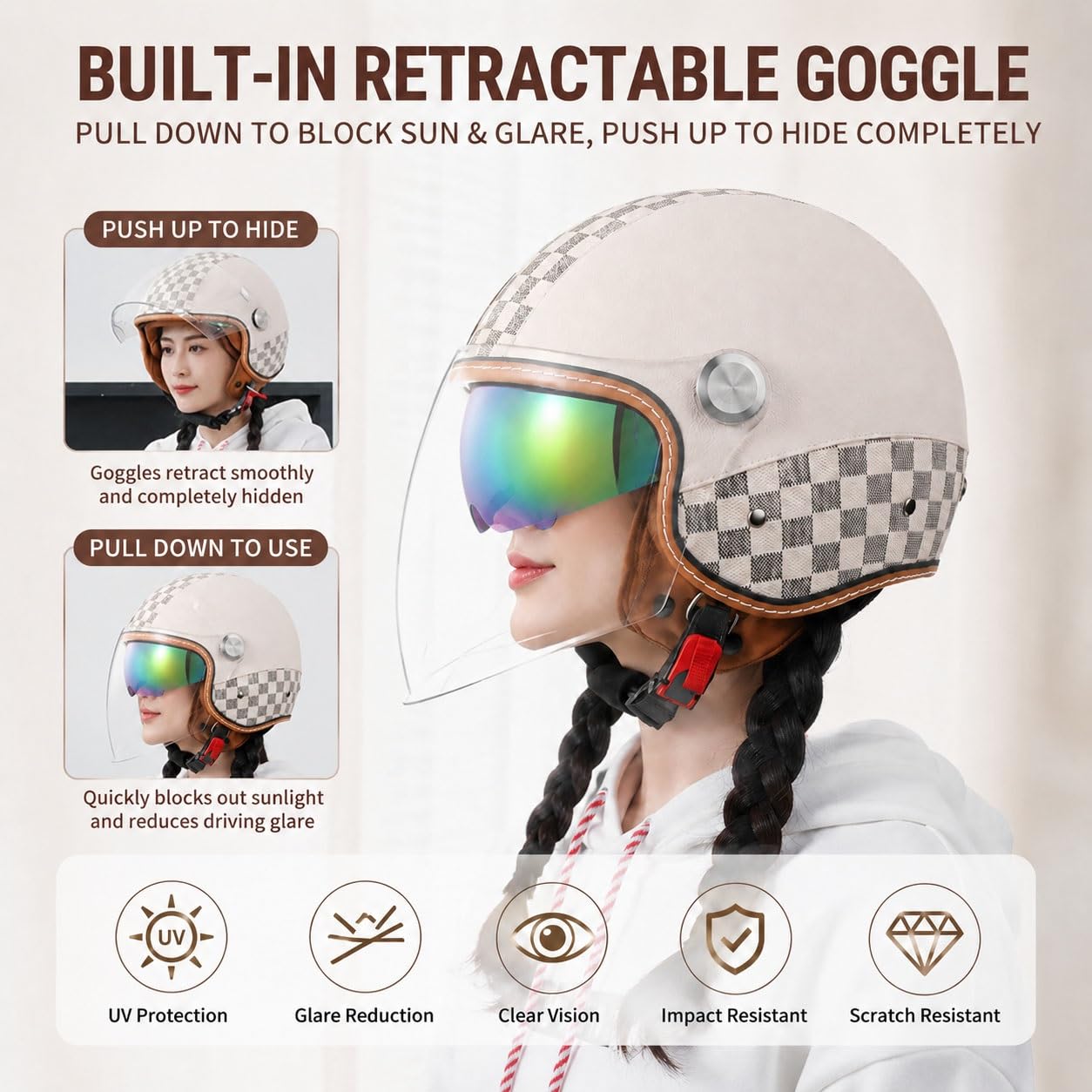 Casco Scooter Homologado ECE, Casco Moto Jet Abierto Vintage en Cuero PU con Auricular Bluetooth Gafas Integradas para Ciclomotor Custom Cruiser Adulto