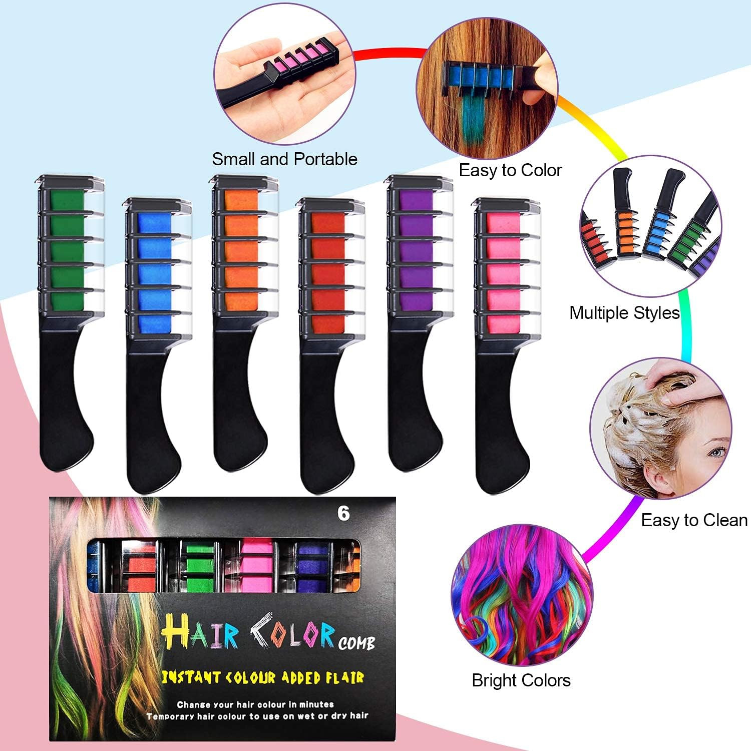 6 Colori Capelli Gesso con Coperchio, EBANKU Gessetti per Capelli Temporanei,Gessetti per Capelli Lavabili per Bambini, Adulti e Cosplay fai da te,Funziona su Tutti i Colori di Capelli (Nero)