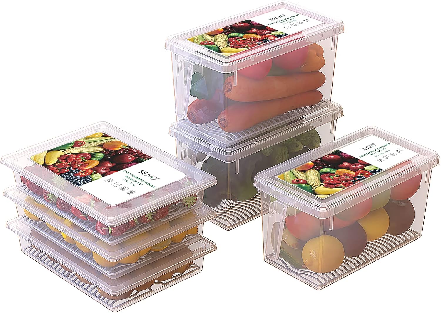 6 Pack Produce Saver Containers for Refrigerator - 3 Pack 2.5L + 3 Pack 4.5L