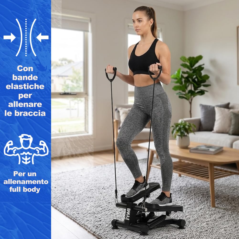 BAKAJI Stepper Fitness per Casa Multifunzione 3in1 con Display LCD e Elastici per Allenamento Braccia Full Body, Attrezzo da Palestra con Accessori Versatile per Cardio Conteggio Calorie, Tempo, Reps
