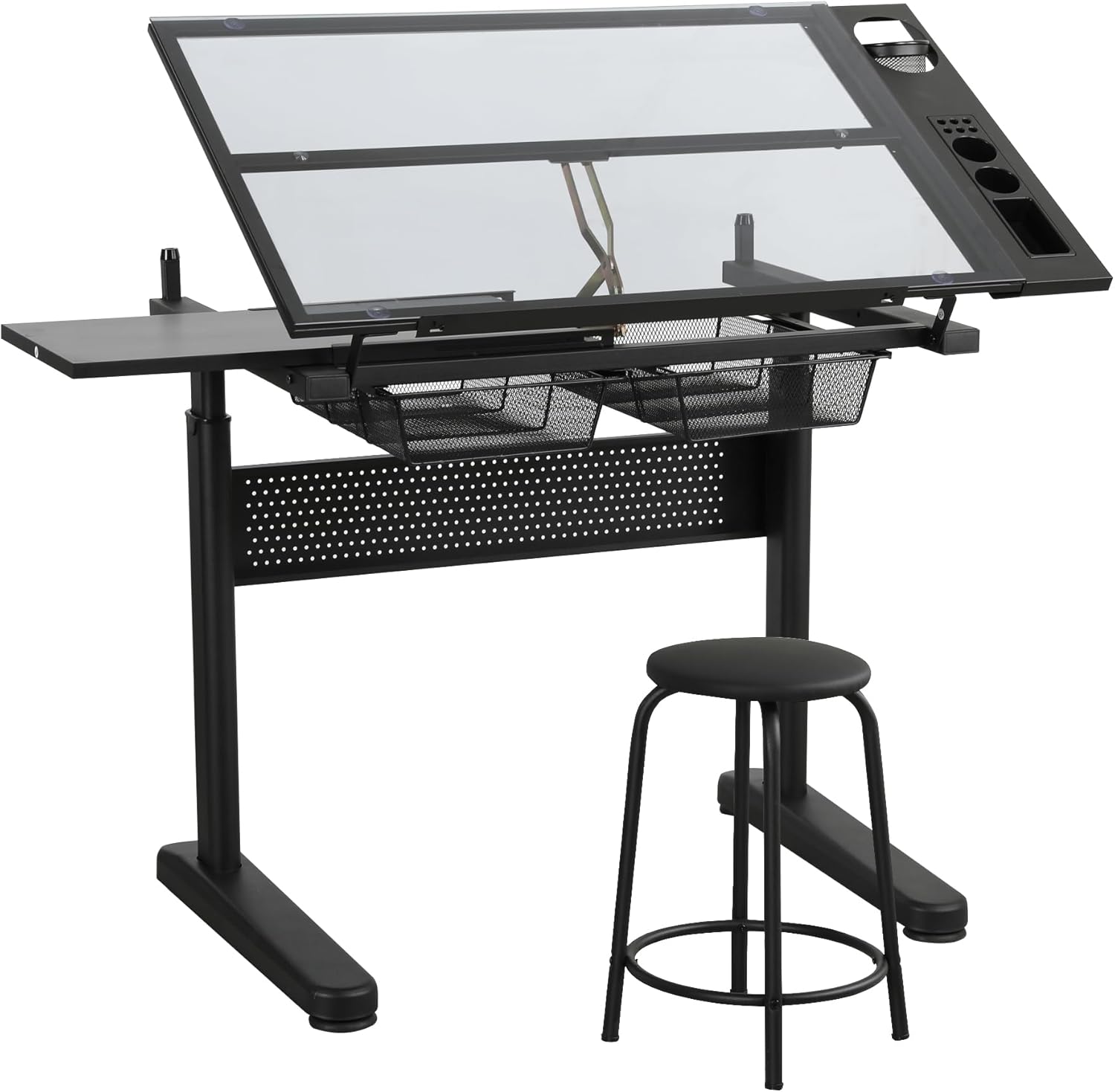 Hand Crank Adjustable Drafting Table 38.2" W x 23.6" D Glass & Metal with 2 Drawers and Stool Black