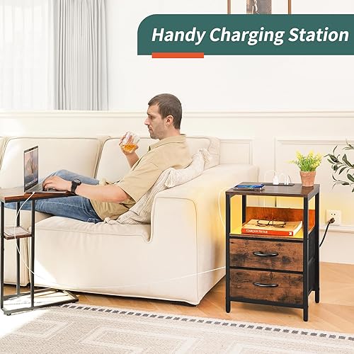 Miniatura 4 de Yoobure Mesita de noche con estación de carga, mesita de noche LED con cajones de tela y estante de almacenamiento para dormitorio, mesitas de noche