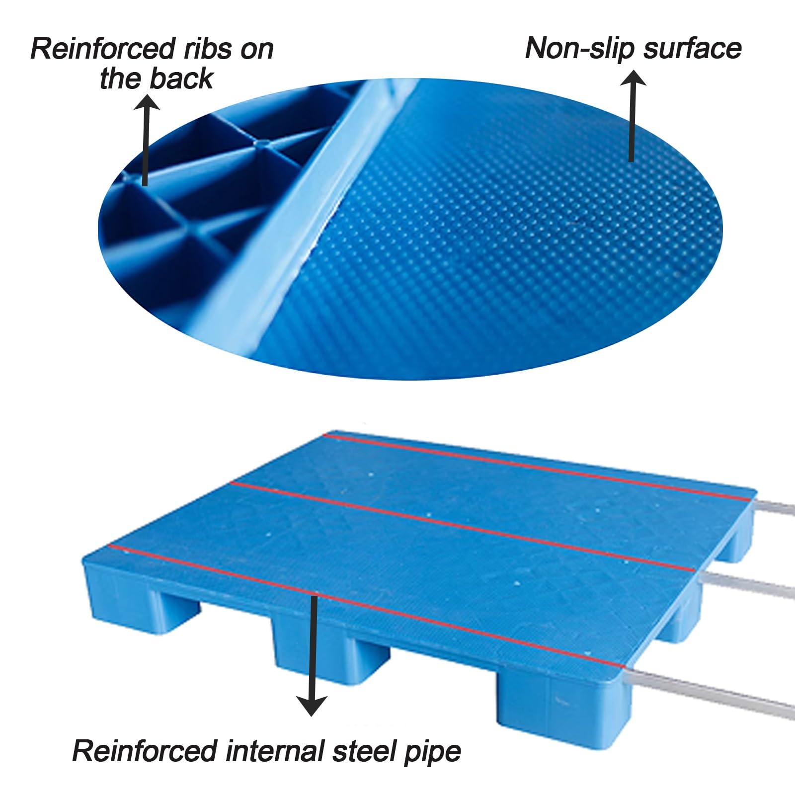 Pallet in plastica HDPE per impieghi gravosi con tubo interno in acciaio 799,7 kg, carico statico 399,2 kg, carico dinamico, ideale per magazzini e cantine, compatibile con carrelli elevatori (modelli