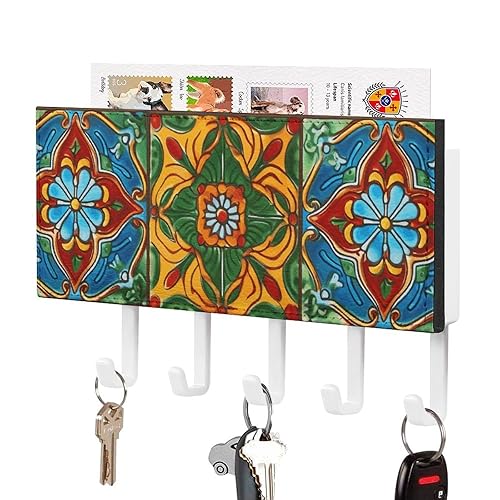 Mexican Ceramic Tile Key Holder with 5 Hooks, Space-Saving Leather