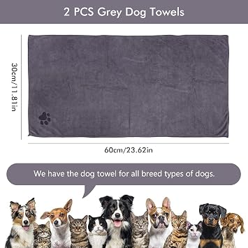 2 Pack Dog Towel Super Absorbent Soft Microfiber Dog Drying Towel Quick Dry Machine Wash Idea For Puppies, Cats & Other Pets Bathing Grooming Swimming Travel (Grey, S(30 * 60cm))