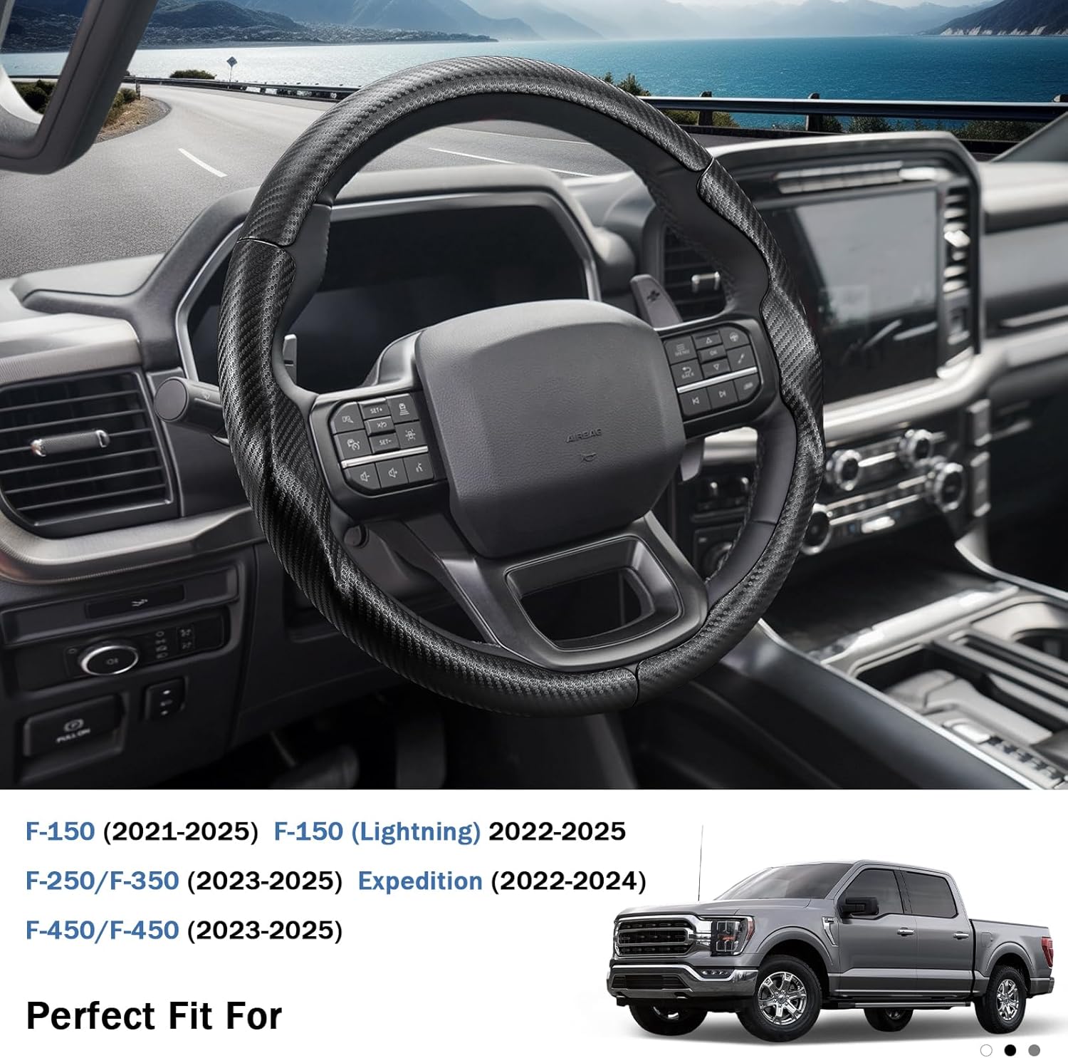 Steering Wheel Cover for Ford F150 2021-2025/ F-150 Lightning 2022-2025/ F250 F350 F450 F550 2023-2025/ Ford Expedition 2022-2024 Car Steering Wheel Cover Protector Accessories for Ford (Matte Black)