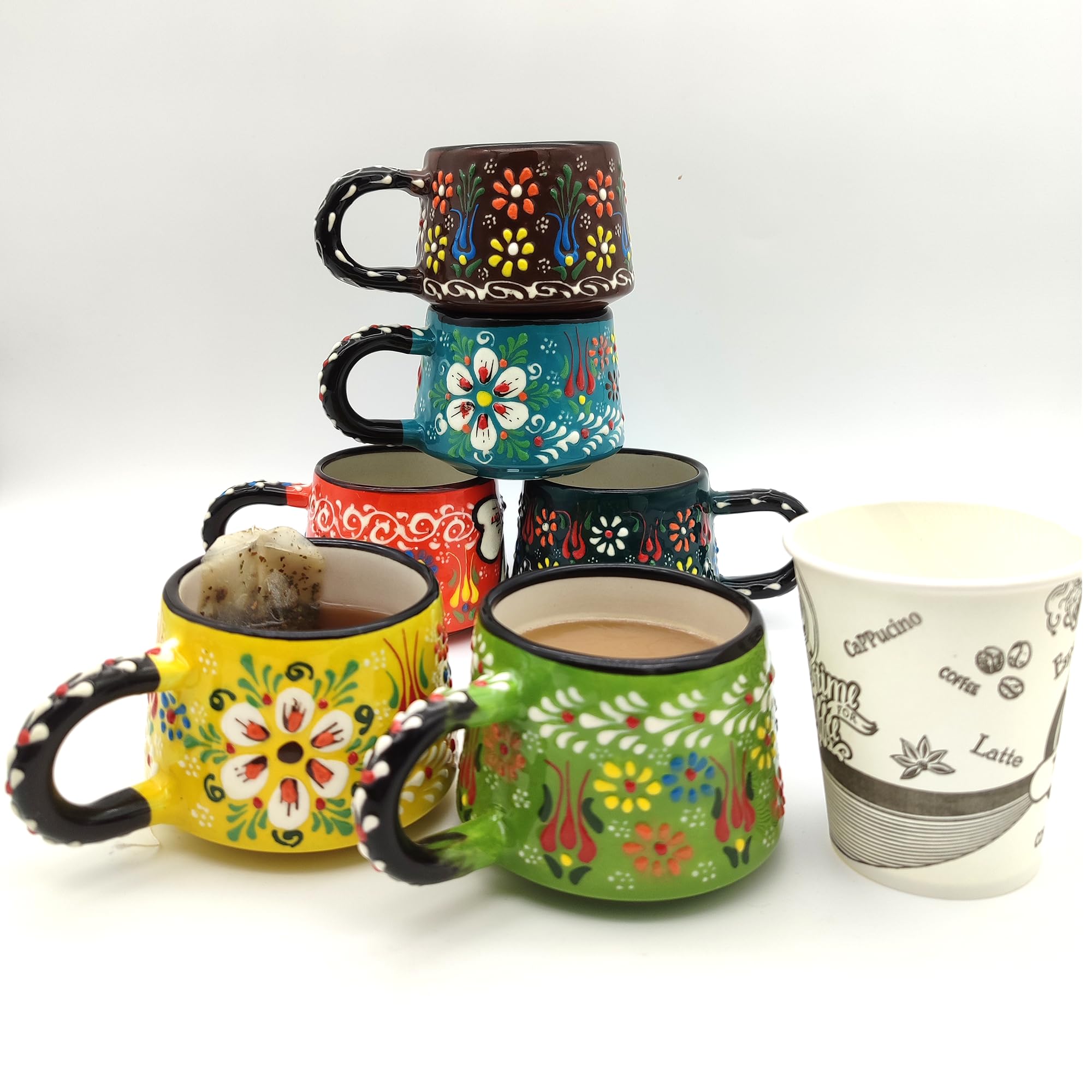 Juego de 6 tazas de café de cerámica hechas a mano de 6 onzas para tazas de espresso, juego de tazas de café multicolor para té, capuchino, café con leche, 180 ml