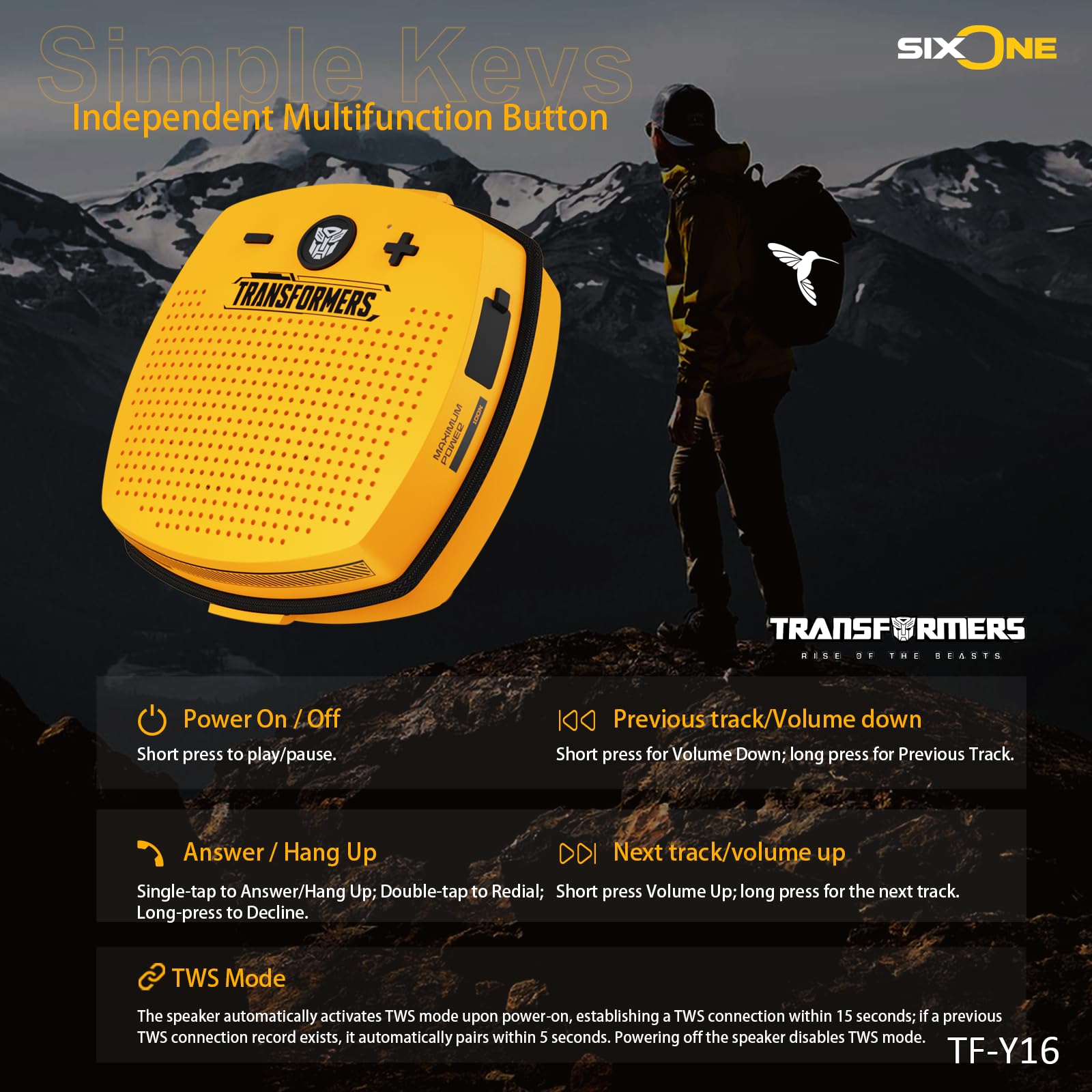 Transformers TF-Y16 FlexCube Design Altoparlante Bluetooth 45mm 4.3W Altoparlante wireless TWS portatile Impermeabile IPX5, accoppiamento stereo TWS, microfono incorporato, 800mAh, viaggi, campeggio e