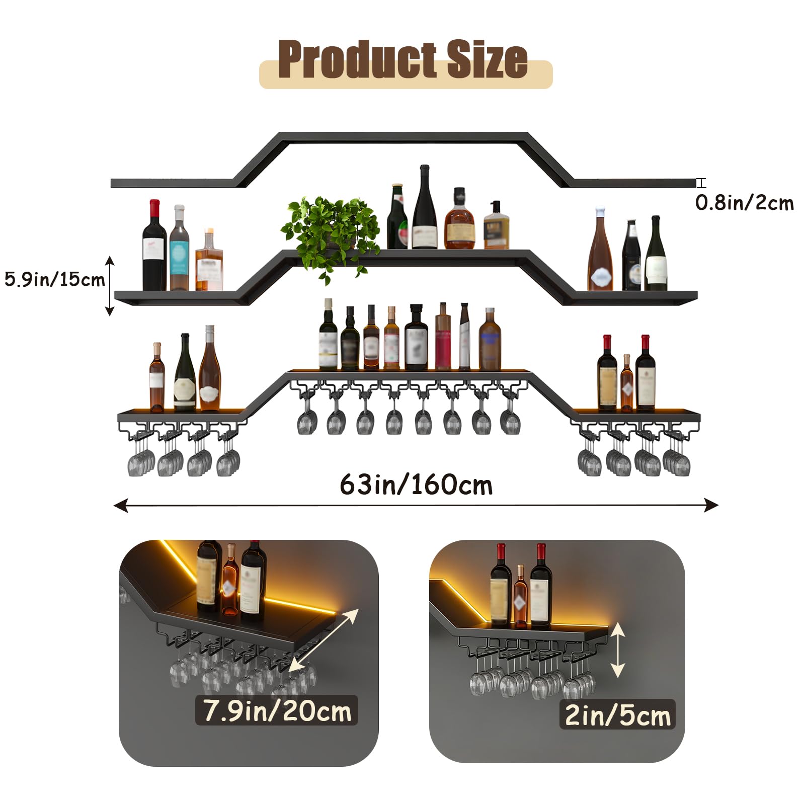 3 Livelli Portabottiglie Da Parete in stile Led industriale (nero, 160cm) | moderno porta vino in metallo con portabicchieri, espositore per bottiglie di vino in metallo, per cucina, bar, caffetteria