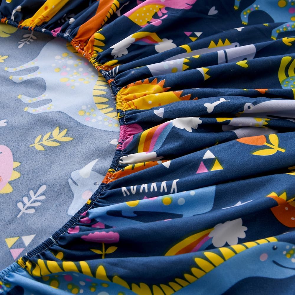 Soft Bed Fitted Sheet and Pillowcases Set,2PC Dinosaur Printed Bed Sheets for Kids Boys Twin Size Bed (Navy Blue Dino, Twin)