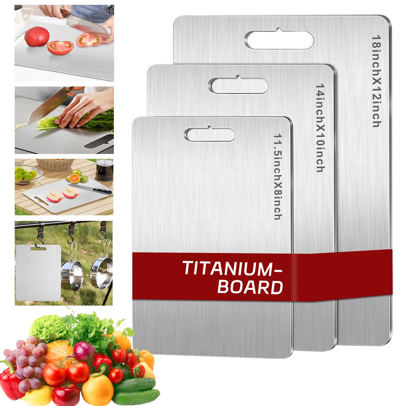 Titanium Cutting Board Set of 3, 100% Pure Titanium Cutting Boards for Kitchen, 3 Pcs Double Sided Food Grade Non Stick Chopping Cutting Boards for