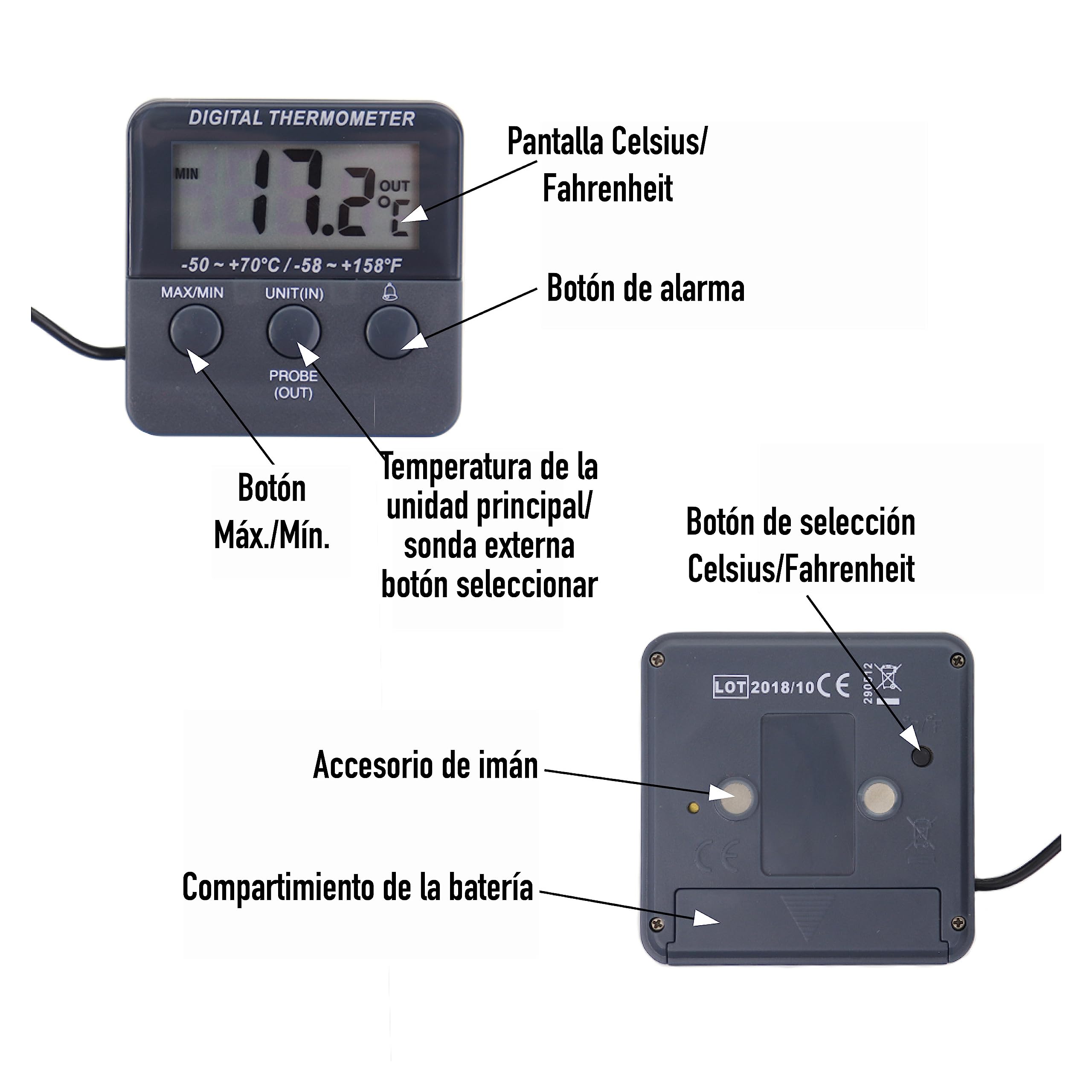 Termómetro digital calibrado para frigorífico y congelador con certificado de calibración rastreable de 2 puntos
