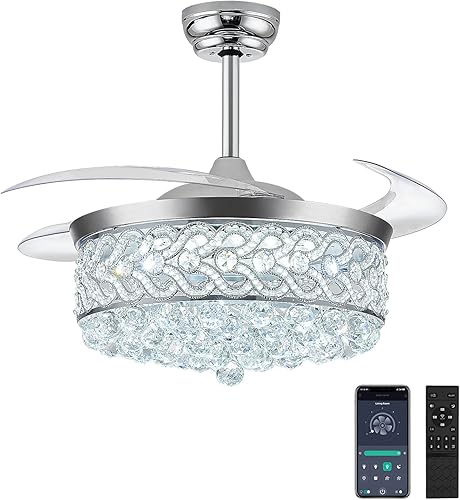 Miniatura 14 de Ventilador de Techo Fandelier de Cristal de 48" con Luz, Ventiladores de Techo Retráctiles Araña Ventilador con Aspas Retráctiles LED Regulable