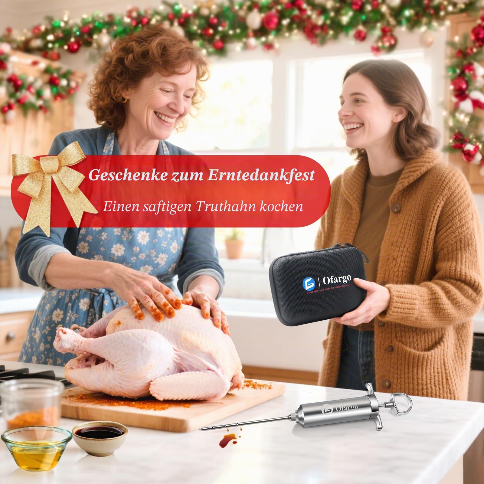 Ofargo Fleischspritze aus 304-Edelstahl, mit 4 Marinadennadeln und Reiseetui für Grill, Räuchern, 57 ml, großes Fassungsvermögen, Bedienungsanleitung und eBook-Rezept
