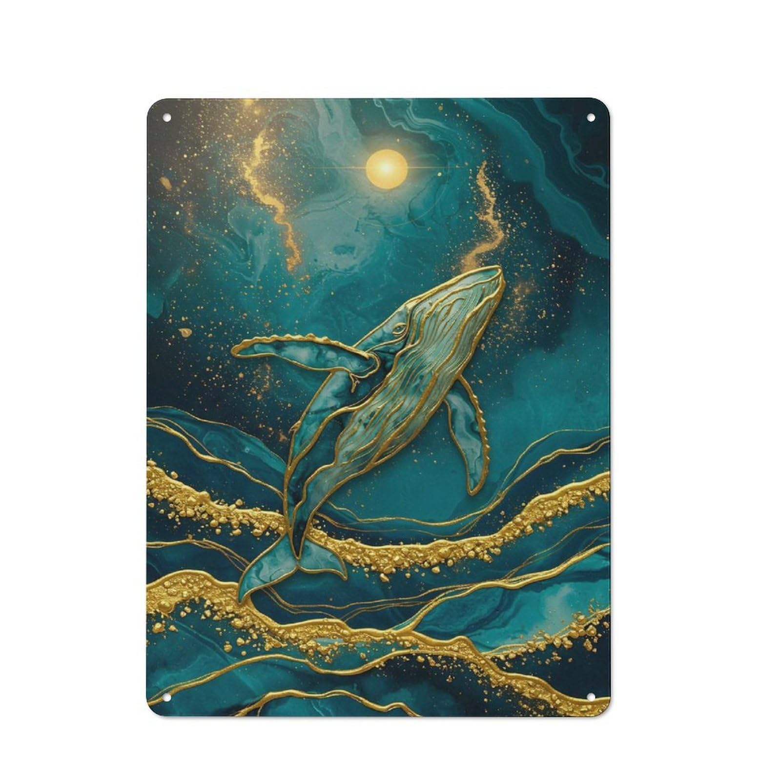 Junmoney Whale In Teal And Gold Tin Wall Plaque 40X30cm With For Bar Or Restaurant, Housewarming Wall Decor For People Furnishing Bar And Restaurant