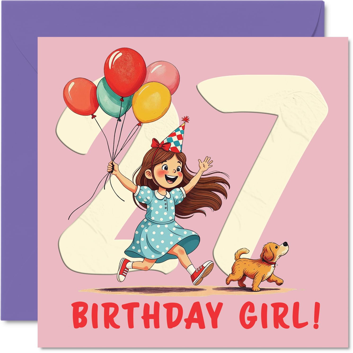27th Birthday Cards for Women - Balloon Girl - Happy Birthday Card for 27 Year Old Woman Neighbour Cousin Auntie Niece, 145mm Bday Greeting Cards