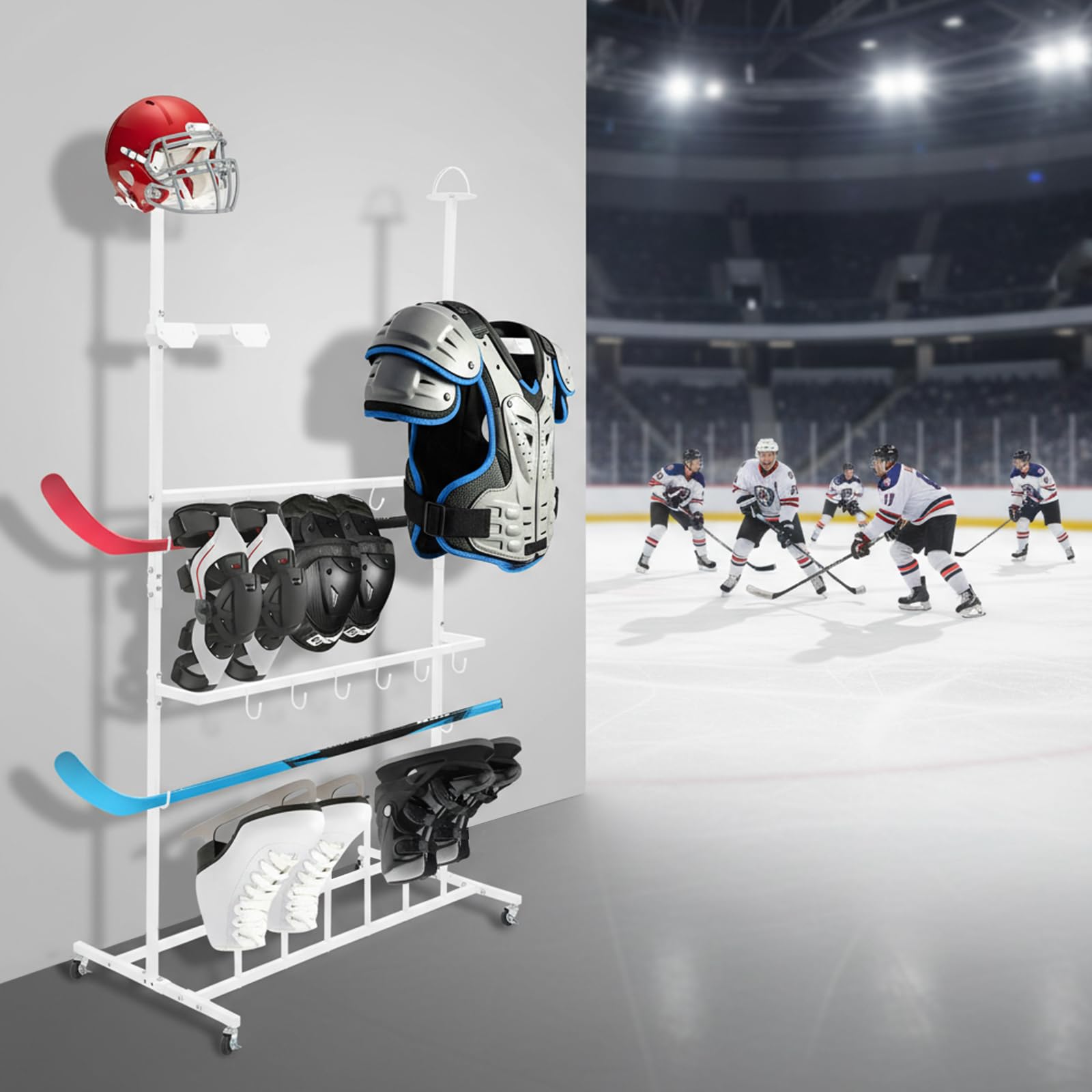 Hockey-Trockengestell, Ausrüstungsständer für Eishockey & Ski aus Eisen, für Eishockey, Ski & Football, 4 Rollen mit Bremsen – platzsparend & stabil, Weiß