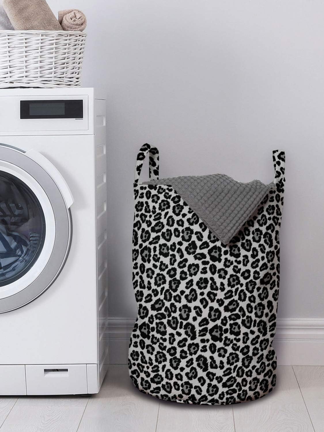 Lunarable Snow Leopard Laundry Bag, Animal Skin Print with Greyscale Spots Big Wild Cat Savage Image, Hamper Basket with Handles Drawstring Closure for Laundromats, 13" x 19", Grey Black and Pale Grey