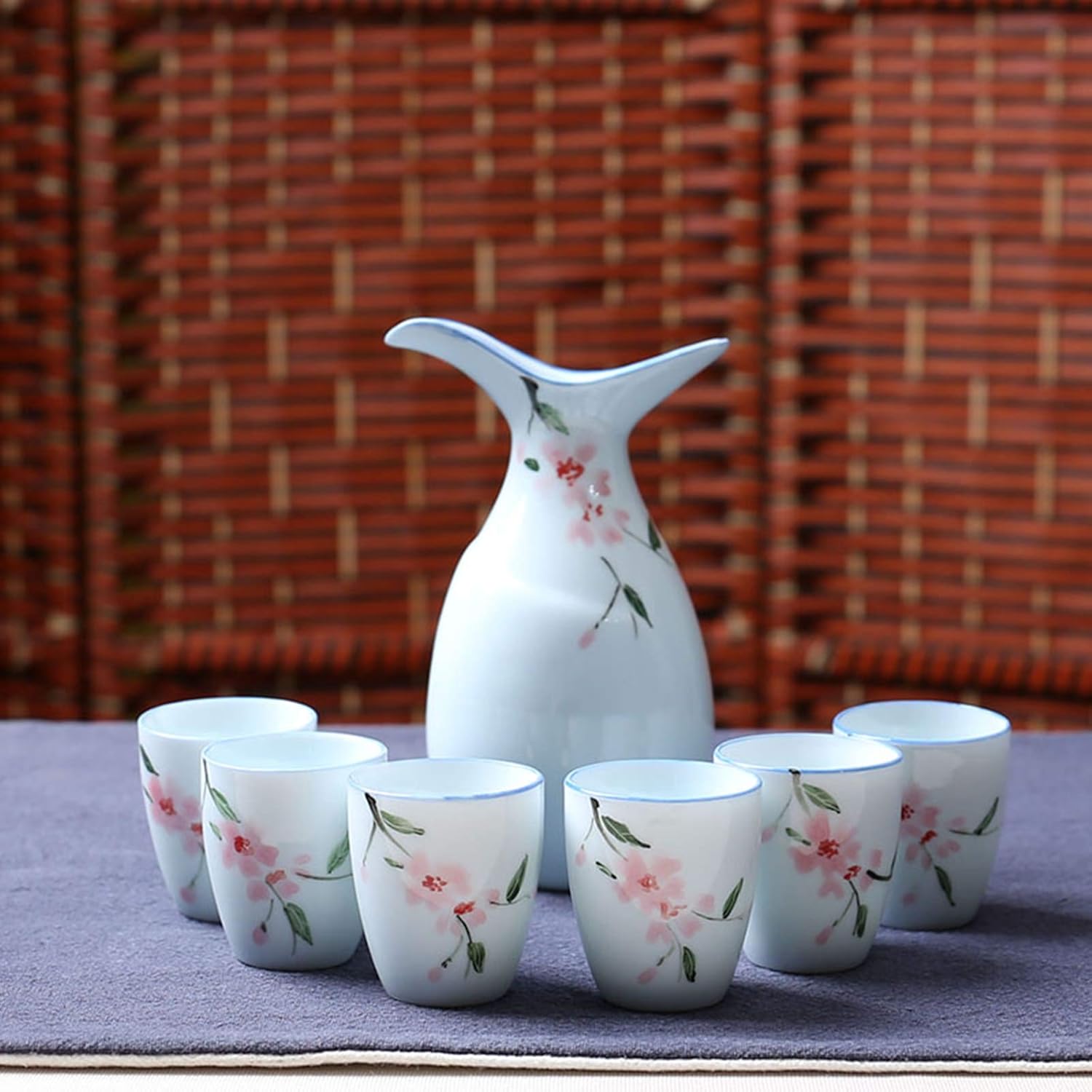 Japanese Sake Cup Set 7 Piece Traditional Ceramic Crafts Cups with 1 Sake Serving Bottle and 6 Sake Cups,D,B,A