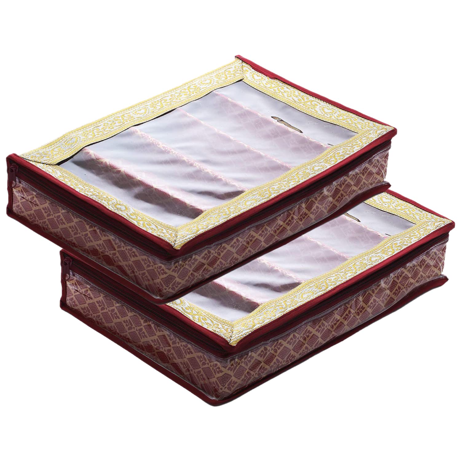 Kuber Industries Wielofunkcyjny wzór Matka laminowane pudełko na 5 prętów / organizer / etui z przezroczystą górą - opakowanie 2 szt. (kasztanowy) -47KM0475