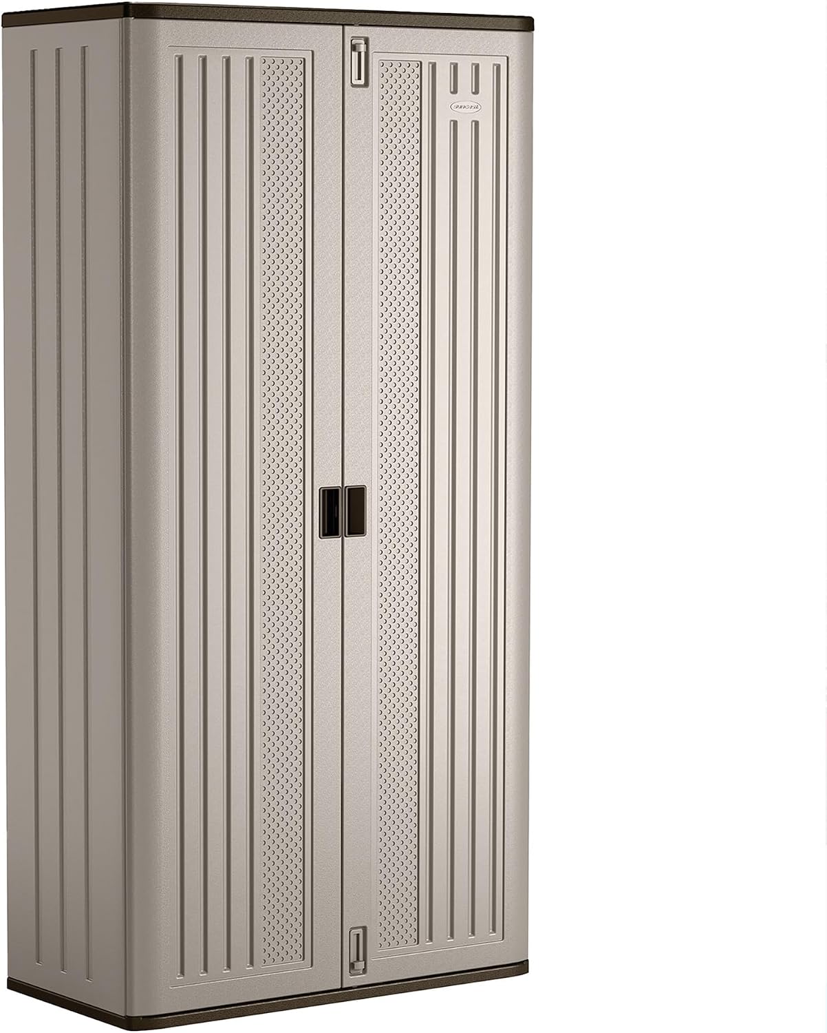 Suncast Mega Tall Storage Cabinet for Garage Organization - 31 Cu. Ft. Lockable Utility Closet with 3 Adjustable Shelves for Garden Supplies & Outdoor Tools, Multi-Wall Resin Construction, Platinum