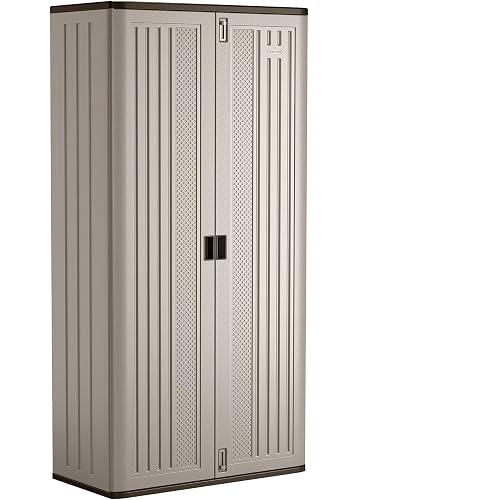 Suncast Mega Tall Storage Cabinet for Garage Organization - 31 Cu. Ft. Lockable Utility Closet with 3 Adjustable Shelves for Garden Supplies & Outdoor Tools, Multi-Wall Resin Construction, Platinum