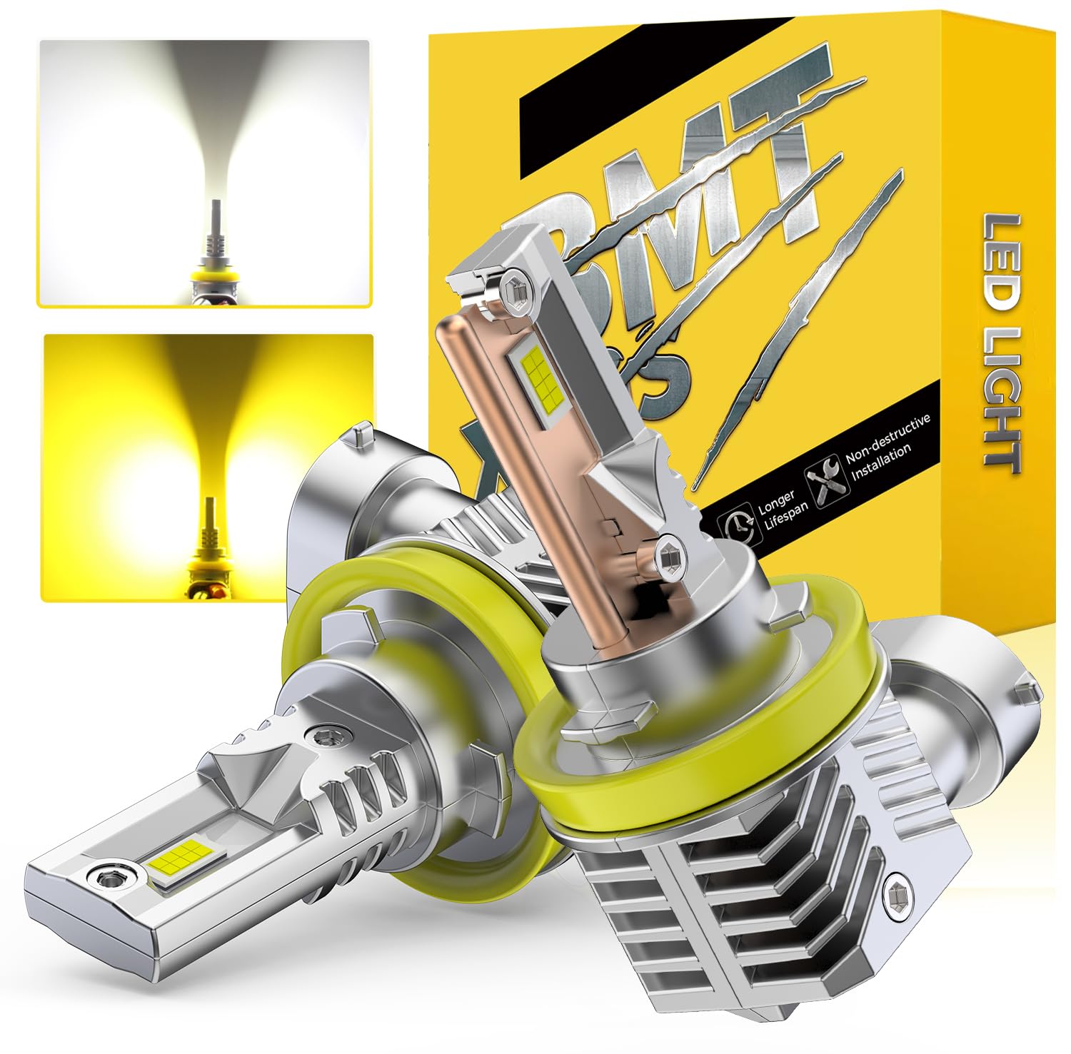 BMT xms H11 H8 LED Fendinebbia - Switchback 6500K Bianco/3000K Giallo ambra - Fendinebbia bicolore bianco-giallo Mini Formato Plug and Play, confezione da 2