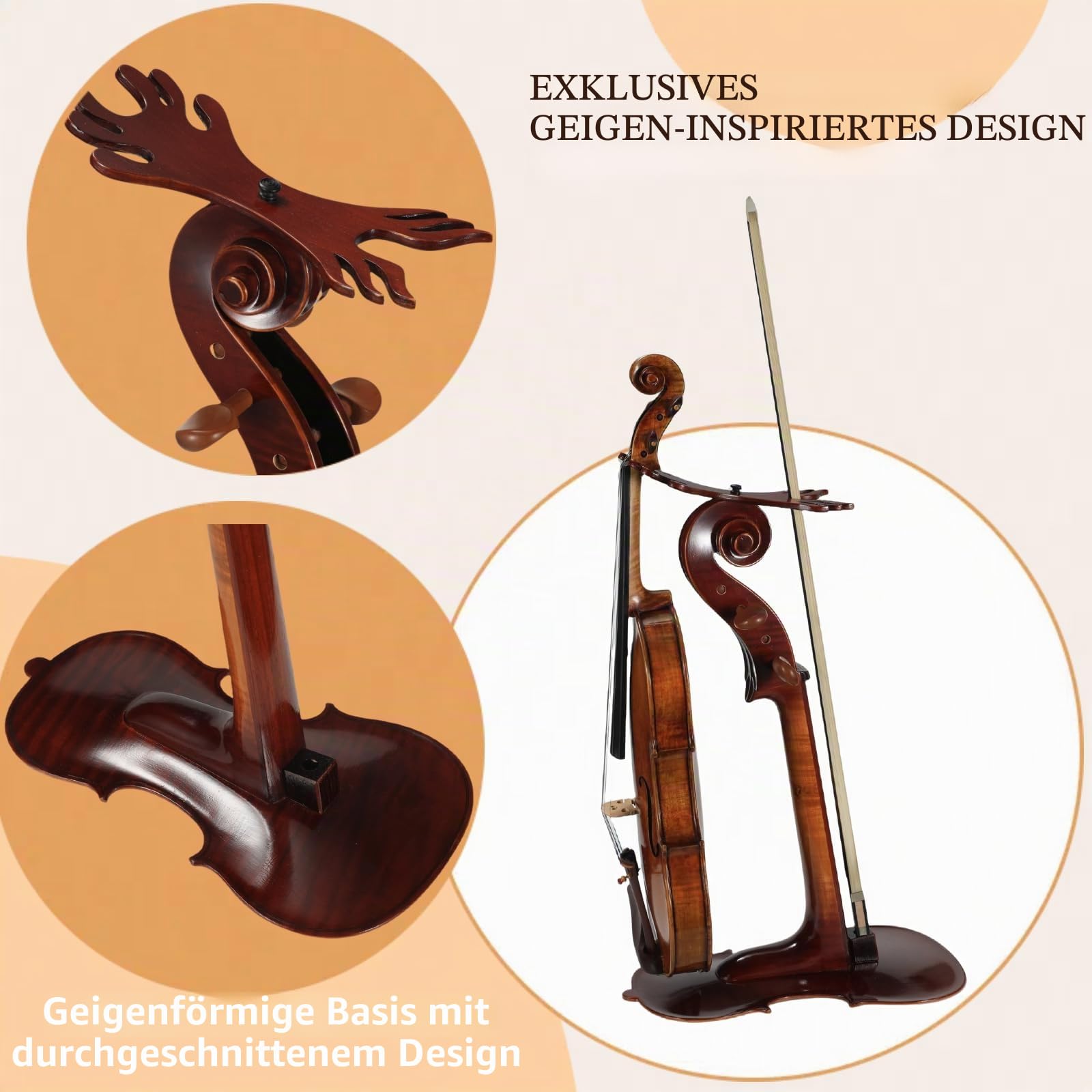 Violinenständer aus Massivholz mit Bogenhalter – keine Montage erforderlich, robustes Display in 4/4-Größe, handgefertigtes Design für Zuhause/Studio/Bühne