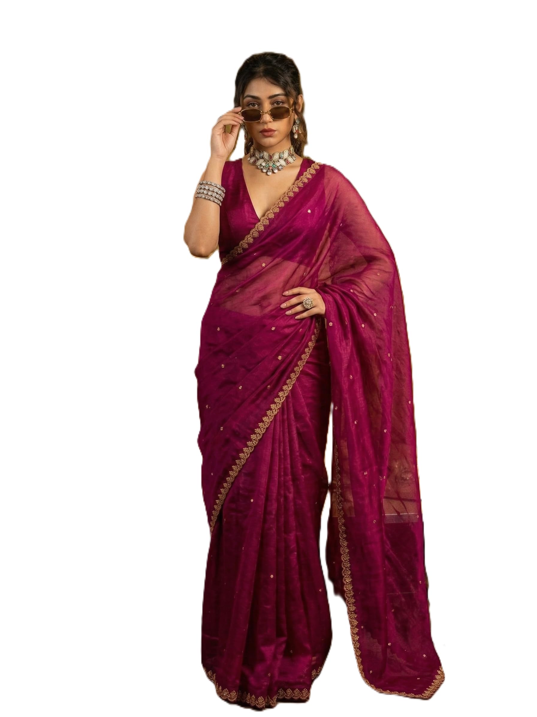 nirlabh Kavya Wine Purple Silk Blend Saree for Women with Gold Zari Border & Buti | Elegant Lightweight Traditional Saree with Unstitched Blouse Piece-picture-32