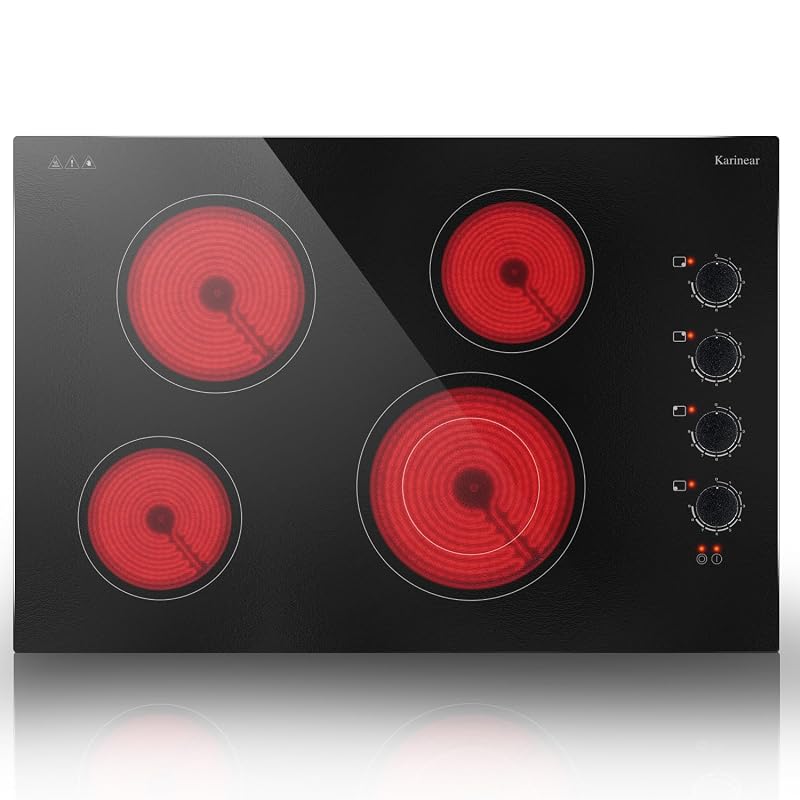 Karinear Electric Cooktop 30 Inch, 4 Burners Electric Stove Top, 30" Knob Control Built-in Radiant Ceramic Cooktop, 6700W, 220~240V Hard Wire(Black Knob)
