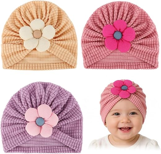 SNOWIE SOFT® 3pcs Baby Caps for Born 0-3 Months, Bow Knot Turban Baby Cap 6-12 Months Infant Caps for Babies, Ultra Soft N...