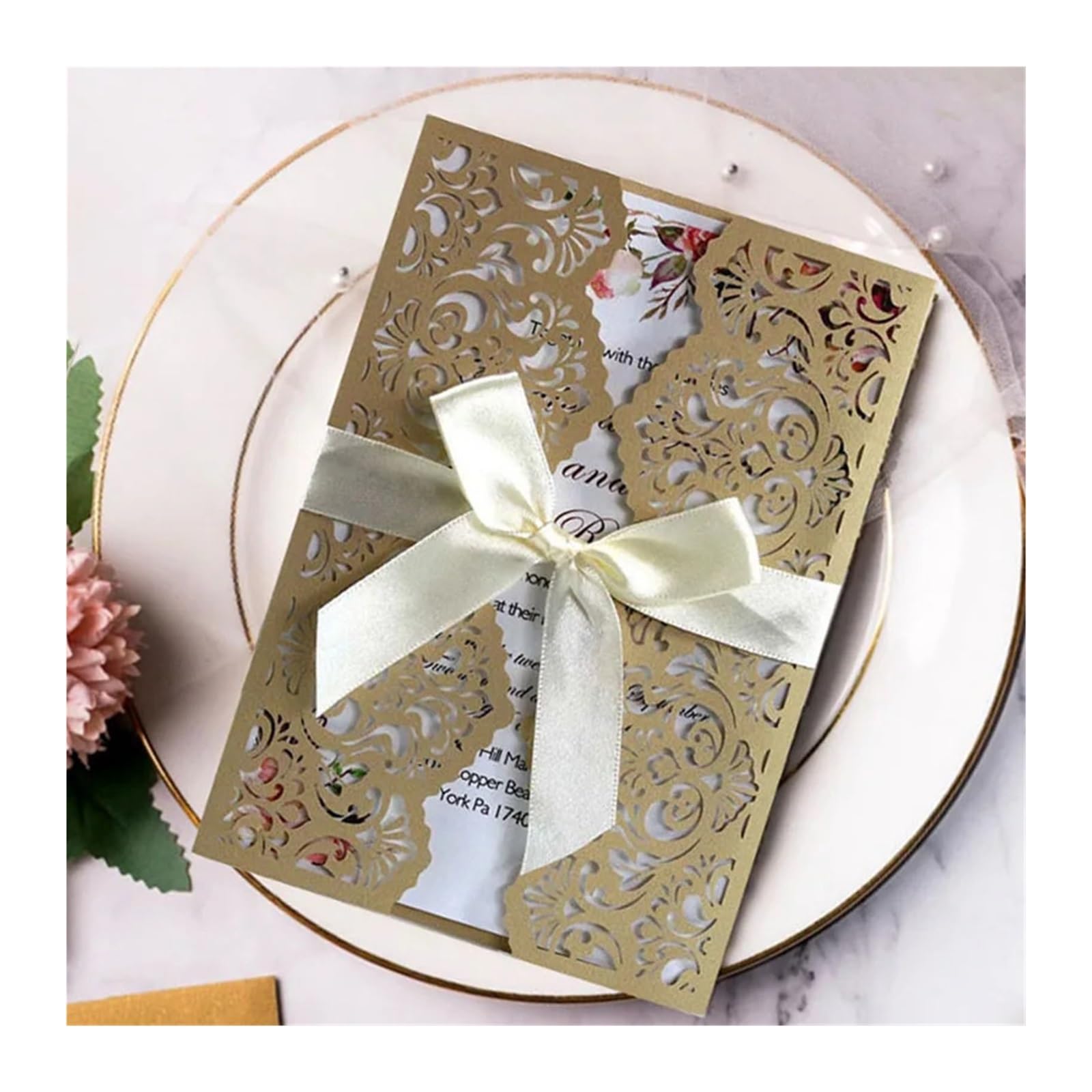 Elegante Hochzeitseinladungen mit Blumenmuster, Laserschnitt, Spitze, Taschen-Einladungen, Grußkarte, Druck, Party-Dekoration, rosa Tasche, 50 Stück
