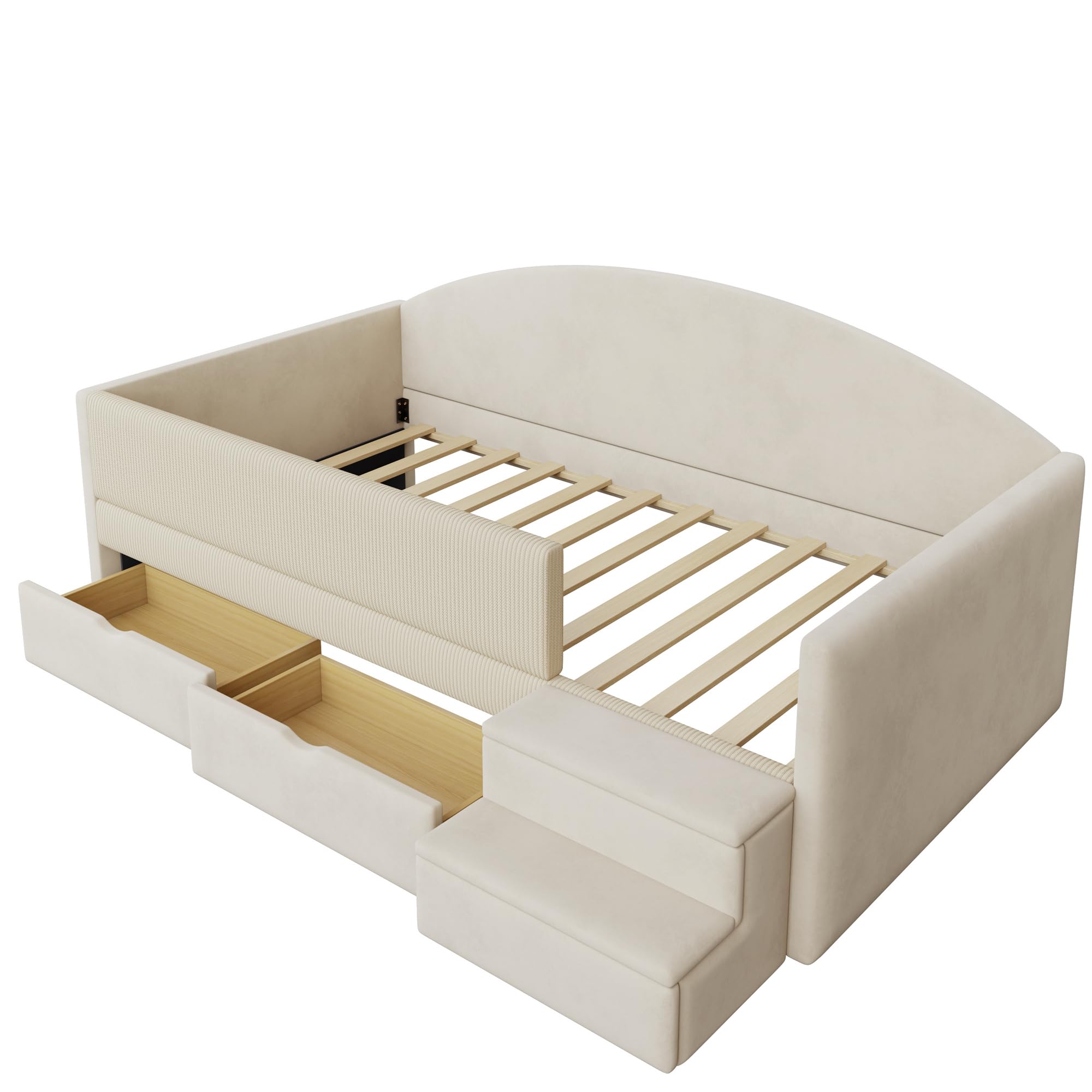 Canapé Lit Rembourré 90x190 cm avec 2 Tiroirs, Garde-Corps et Marchepied, Tissu Velours Doux et Confortable, Structure Bois, Idéal pour Chambre d'enfant, Salon et Chambre d'amis